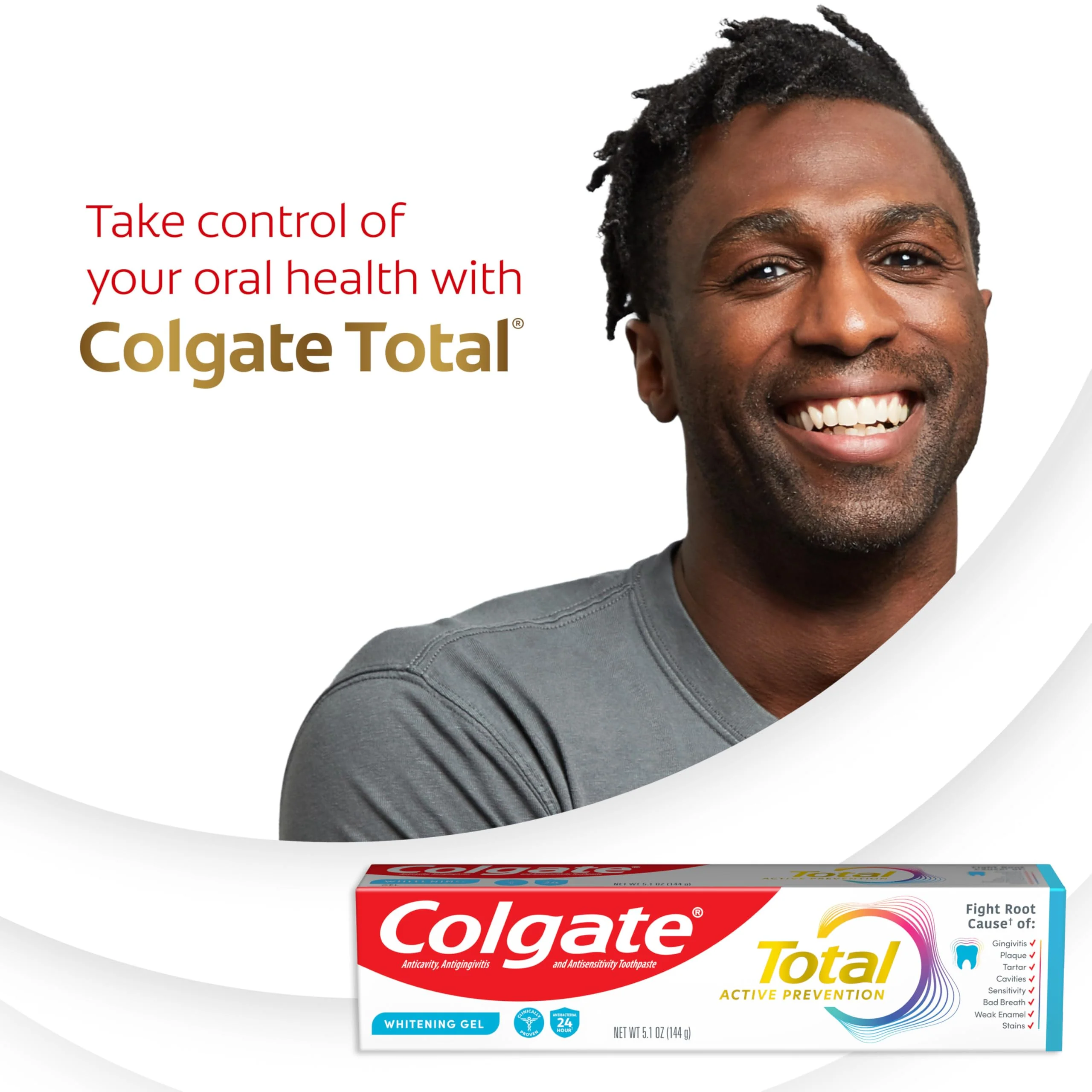 Colgate Total Active Prevention Whitening Gel Toothpaste with Fluoride, Bulk with Clinically Proven Formula That Fights Plaque Bacteria, Mint, 4 Pack, 5.1 oz - Image 8