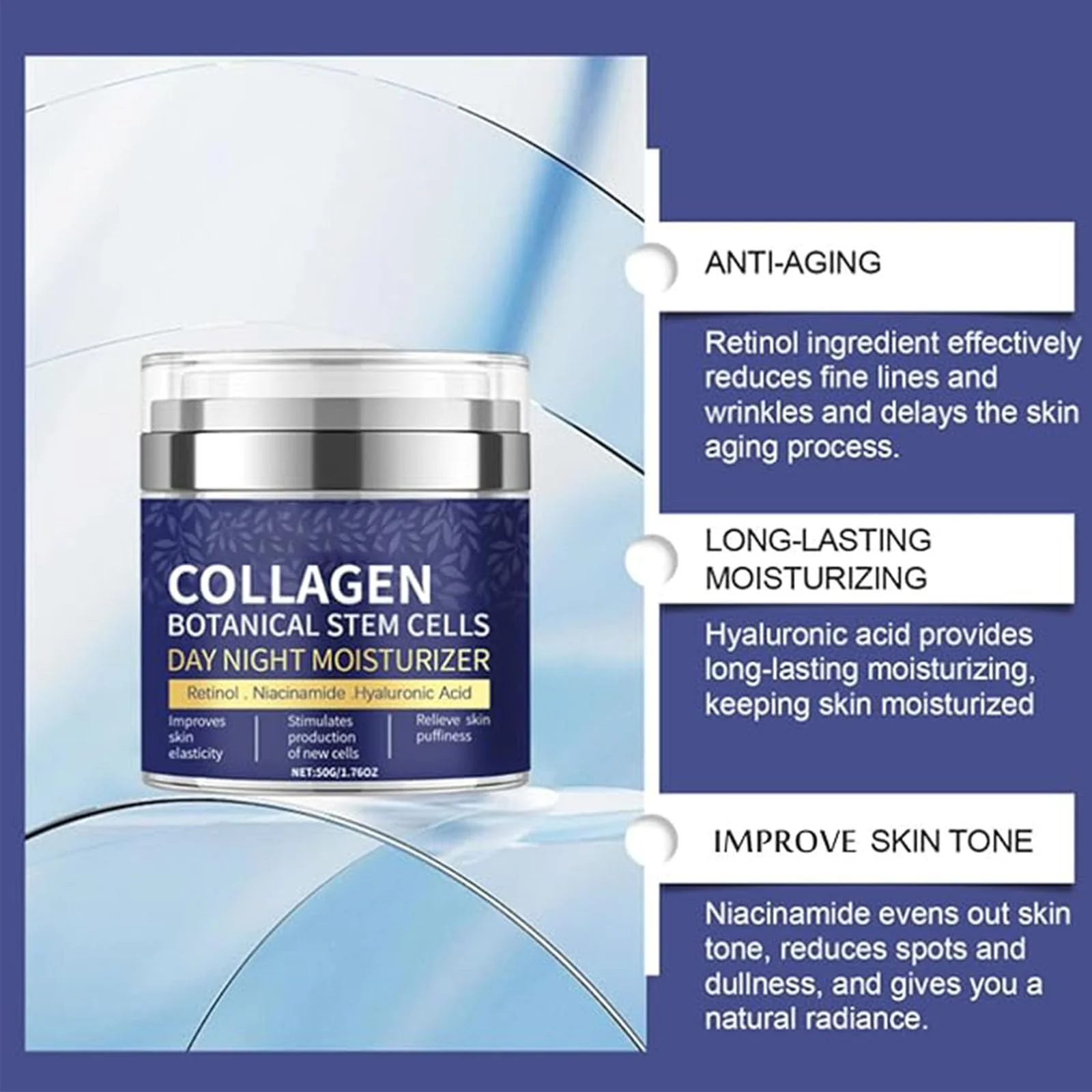 Collagen Face Moisturizer with Airless Pump - Collagen Botanical Stem Cells Cream for Skin with Retinol, Niacinamide, Hyaluronic Acid - Anti-Aging Day & Night Cream, 1.8 OZ - Image 6