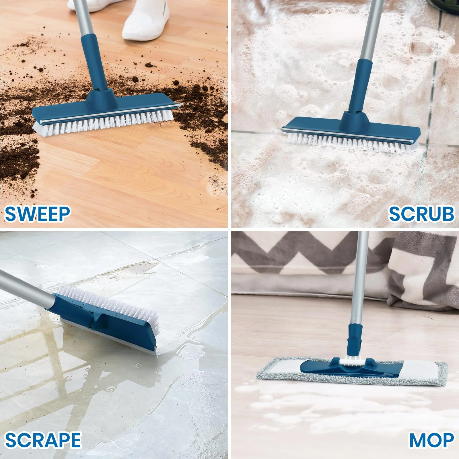 Collapsible Mop and Bucket Set with Scrub Mop and Brush, Tile Laminate Hardwood Floor Brush and Flat Mops for Floor Cleaning, Foldable Bucket with Washable Microfiber Mop(Blue) - Image 3