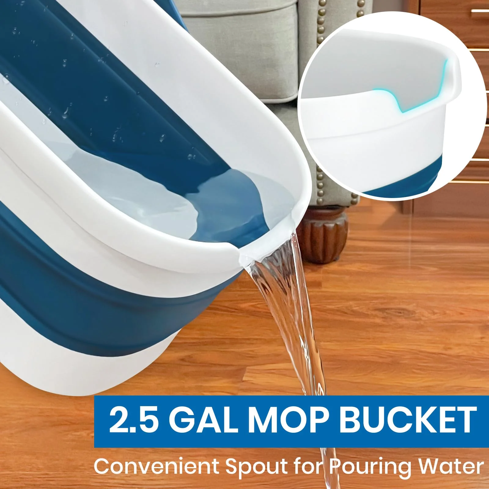 Collapsible Mop and Bucket Set with Scrub Mop and Brush, Tile Laminate Hardwood Floor Brush and Flat Mops for Floor Cleaning, Foldable Bucket with Washable Microfiber Mop(Blue) - Image 4