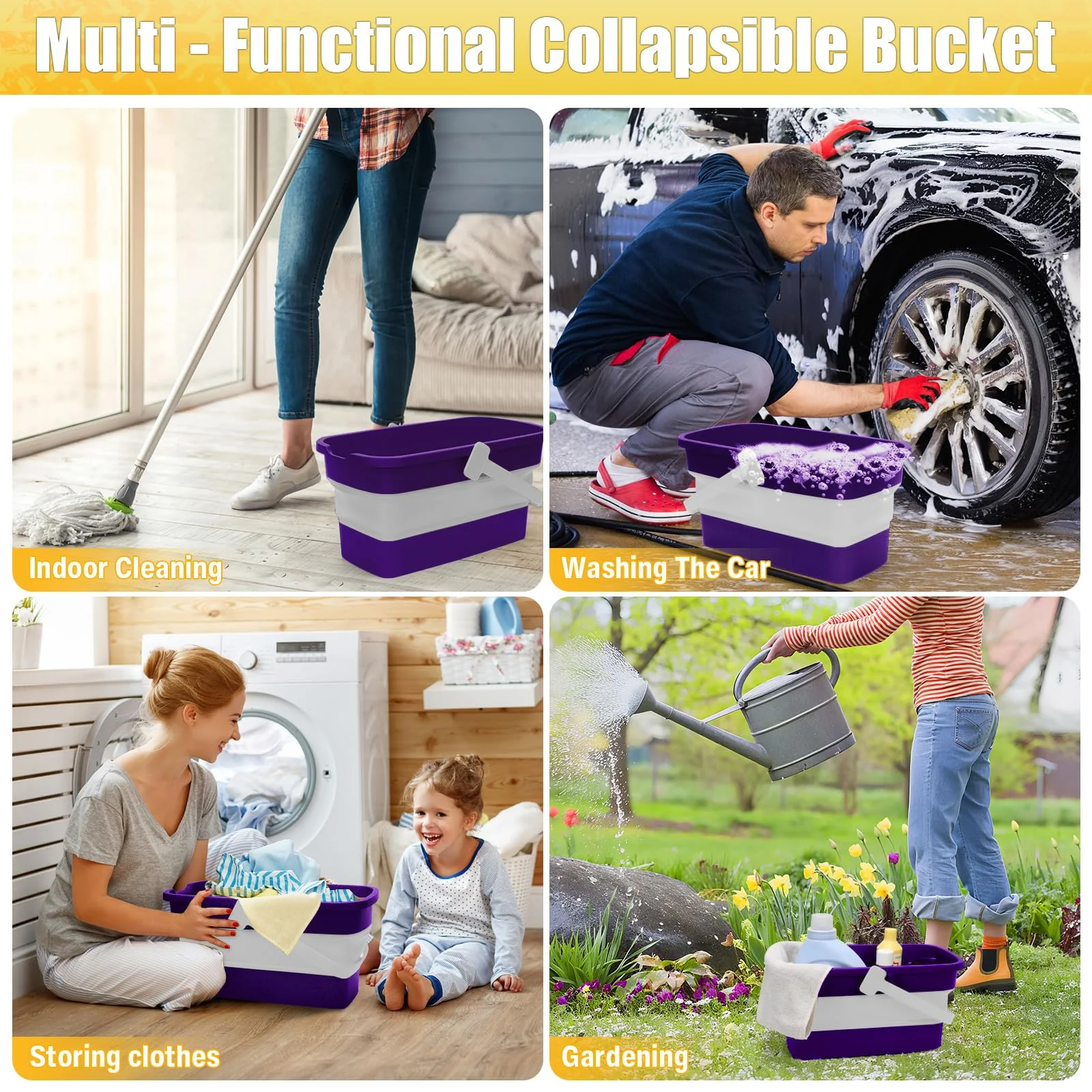 Collapsible Mop Bucket for Cleaning with Handle, Silicone Square Wash Bucket for Windows Cleaning Car Washing,Cleaning Supplies Organizer Plastic Water Bucket - Image 3