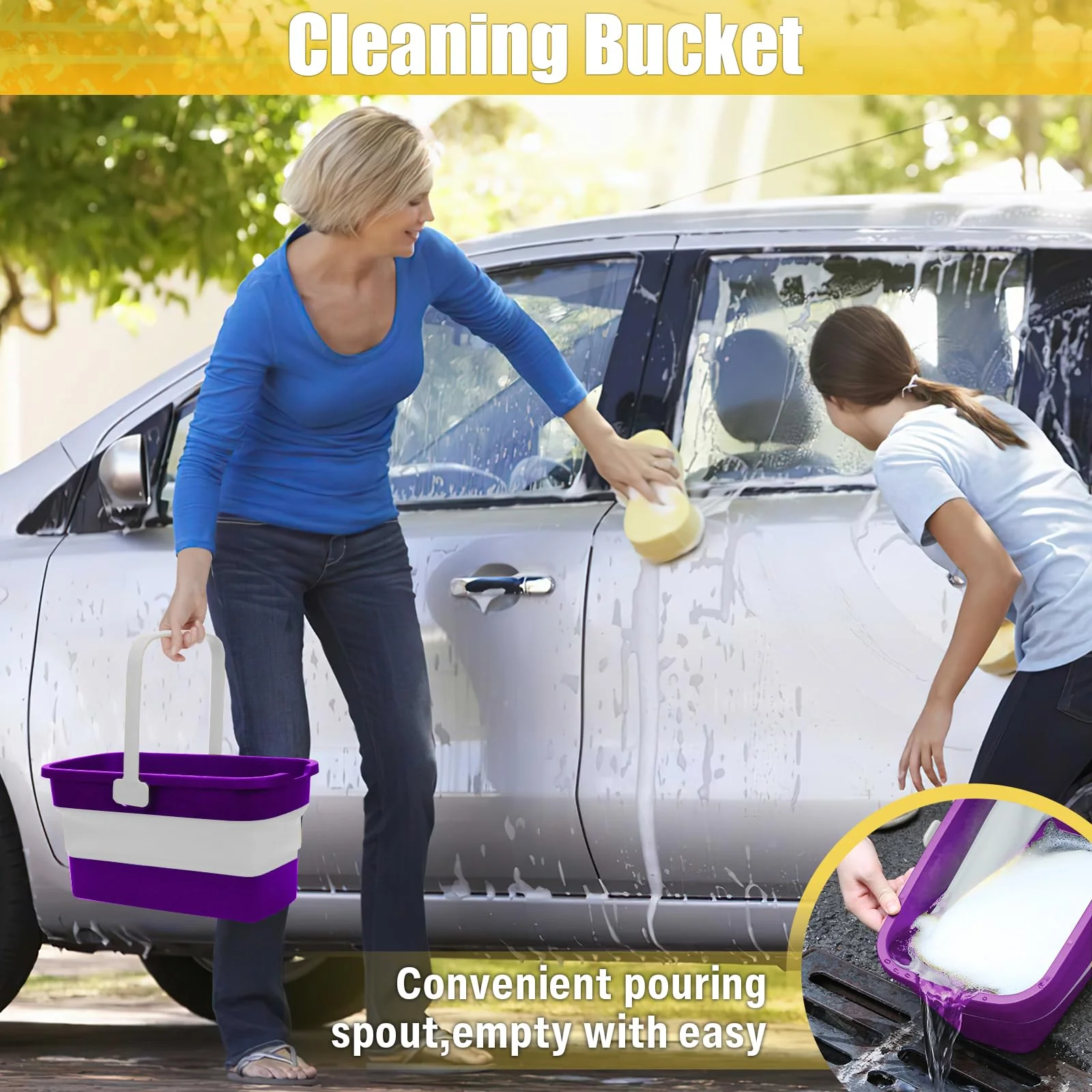 Collapsible Mop Bucket for Cleaning with Handle, Silicone Square Wash Bucket for Windows Cleaning Car Washing,Cleaning Supplies Organizer Plastic Water Bucket - Image 4
