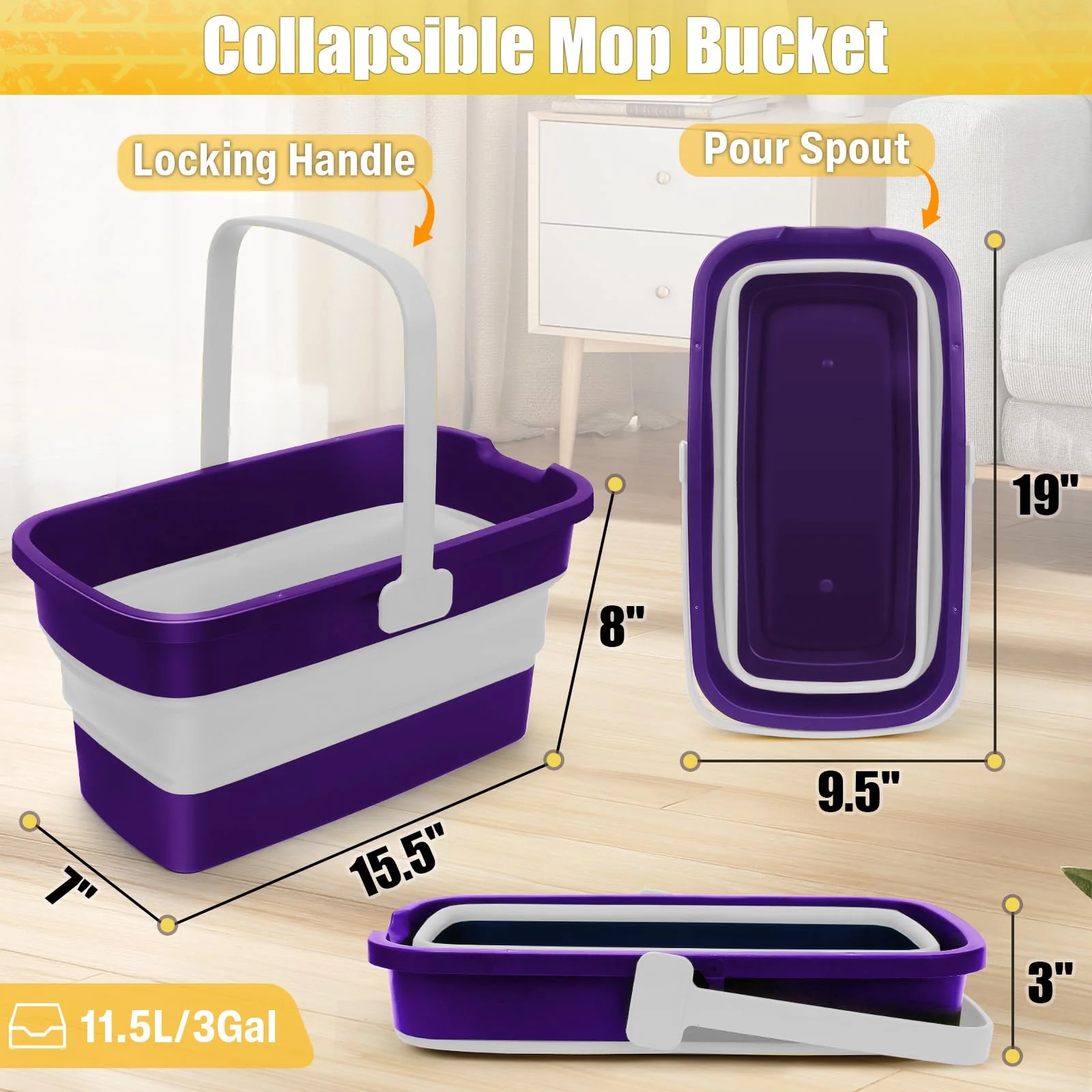 Collapsible Mop Bucket for Cleaning with Handle, Silicone Square Wash Bucket for Windows Cleaning Car Washing,Cleaning Supplies Organizer Plastic Water Bucket - Image 7