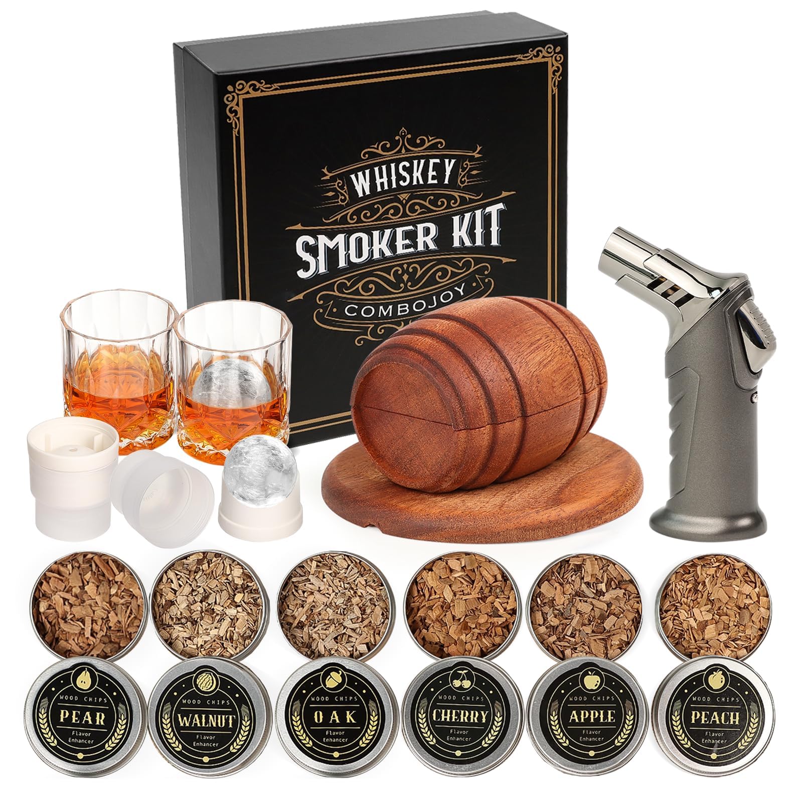 ComboJoy Whiskey Smoker Kit with Torch - 6 Flavors Wood Chips, 2 Glasses, 2 Ice Ball Molds - Cocktail Smoker Infuser Kit, Old Fashioned Drink Smoker Kit, Birthday Bourbon Gifts for Men,Dad(NO Butane)