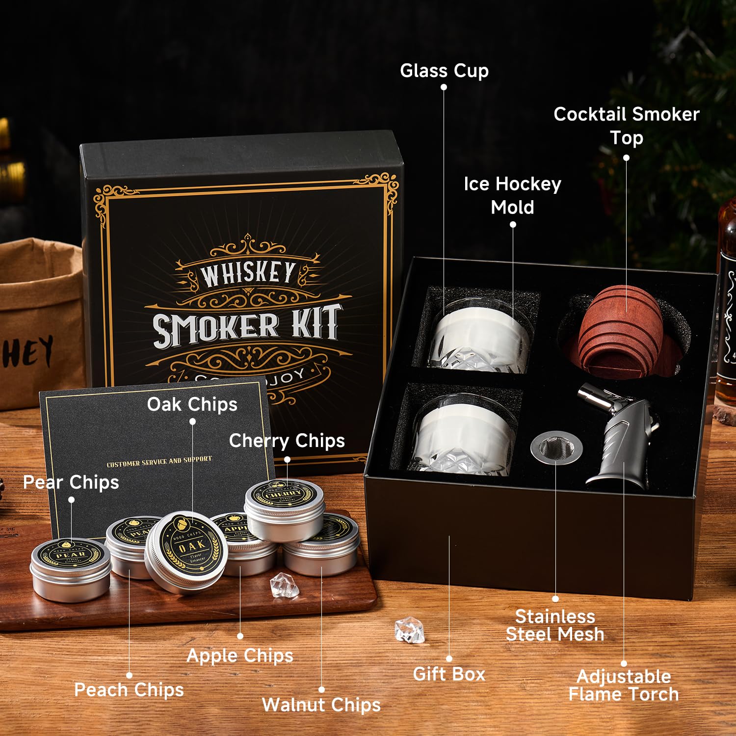 ComboJoy Whiskey Smoker Kit with Torch - 6 Flavors Wood Chips, 2 Glasses, 2 Ice Ball Molds - Cocktail Smoker Infuser Kit, Old Fashioned Drink Smoker Kit, Birthday Bourbon Gifts for Men,Dad(NO Butane) - Image 2