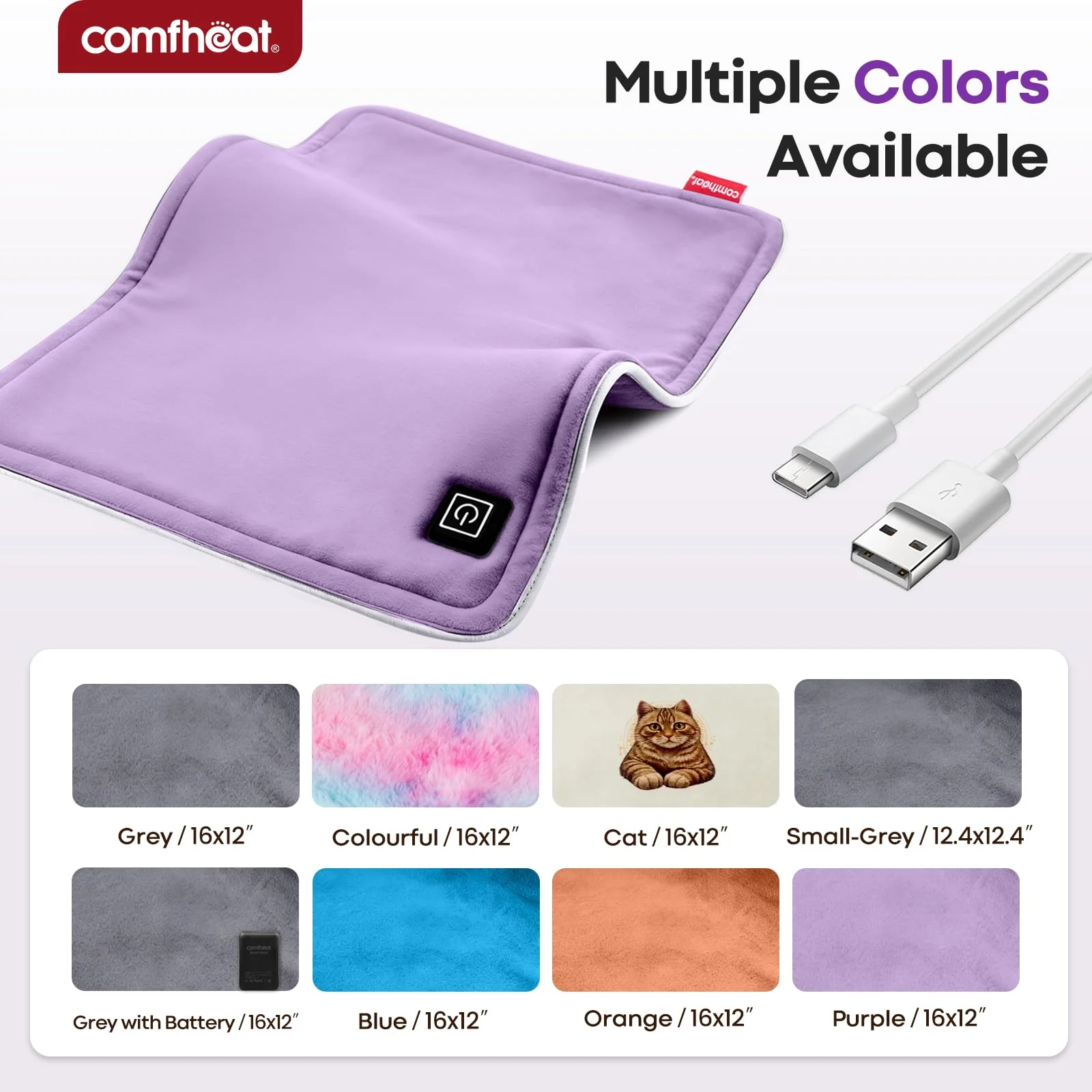Comfheat USB Plug-in Heating Pad for Travel Warmth Outdoors, Non-Rechargeable Small Heated Pad 5V Heat Therapy for Pain Relief Abdomen Cramps, 3 Heat Settings & Auto Shut Off (12"x 16") Purple - Image 2