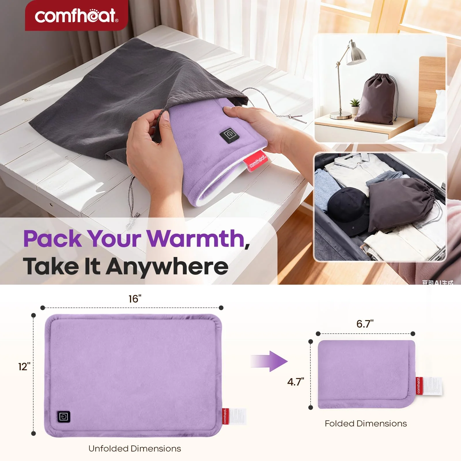 Comfheat USB Plug-in Heating Pad for Travel Warmth Outdoors, Non-Rechargeable Small Heated Pad 5V Heat Therapy for Pain Relief Abdomen Cramps, 3 Heat Settings & Auto Shut Off (12"x 16") Purple - Image 3