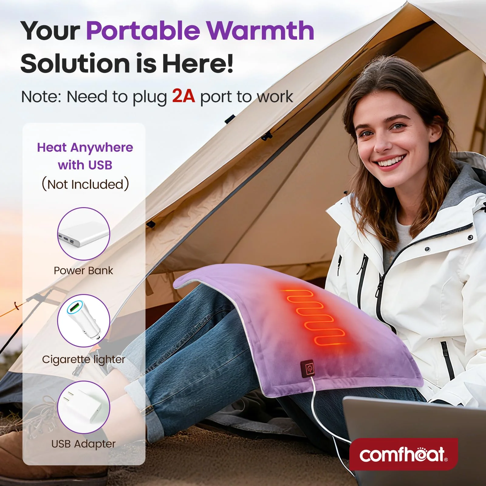 Comfheat USB Plug-in Heating Pad for Travel Warmth Outdoors, Non-Rechargeable Small Heated Pad 5V Heat Therapy for Pain Relief Abdomen Cramps, 3 Heat Settings & Auto Shut Off (12"x 16") Purple - Image 6