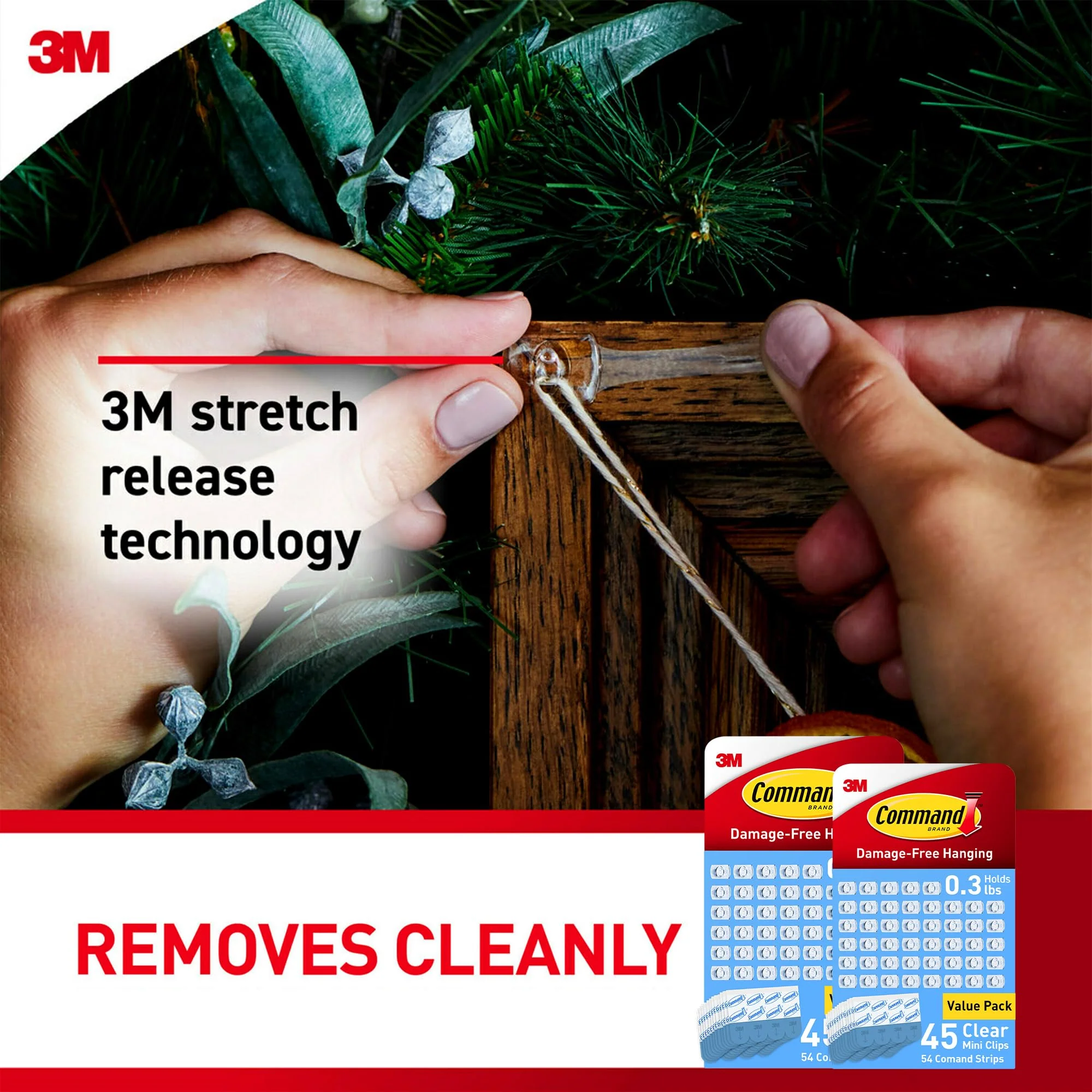 Command Indoor Mini Light Clips, Damage Free Hanging Christmas Light Clips, Mini Wall Clips for Hanging Indoor Christmas Decorations, Lights and Cables, 90 Clear Clips and 108 Strips - Image 3