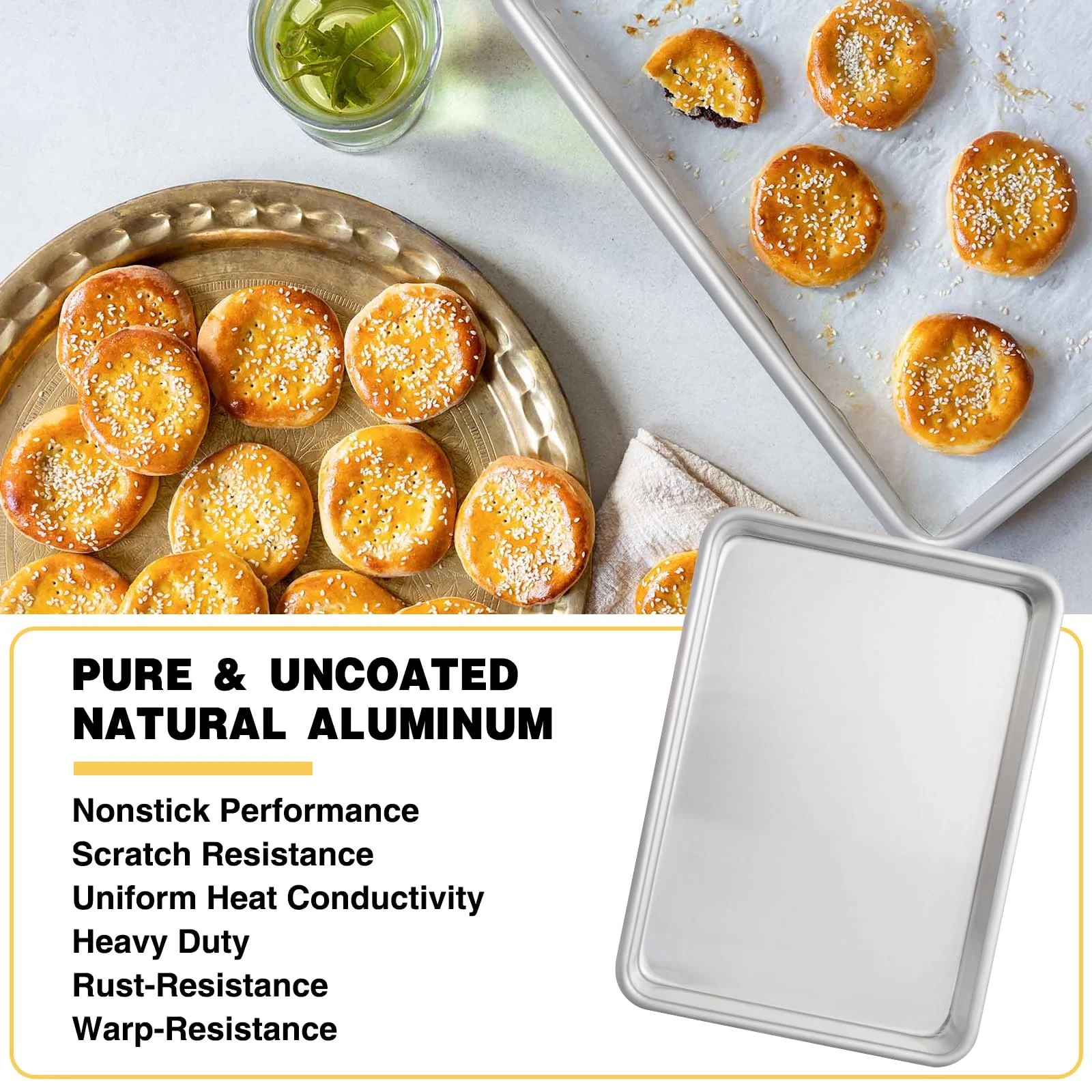 Commercial Quality Baking Sheet Pan Set, Natural Aluminum Cookie Sheet, Umite Chef Encapsulated Galvanized Steel Rim Warp Resistant Baker's Quarter Sheet Pan, Cookie Tray Pans for Baking, Roasting - Image 7