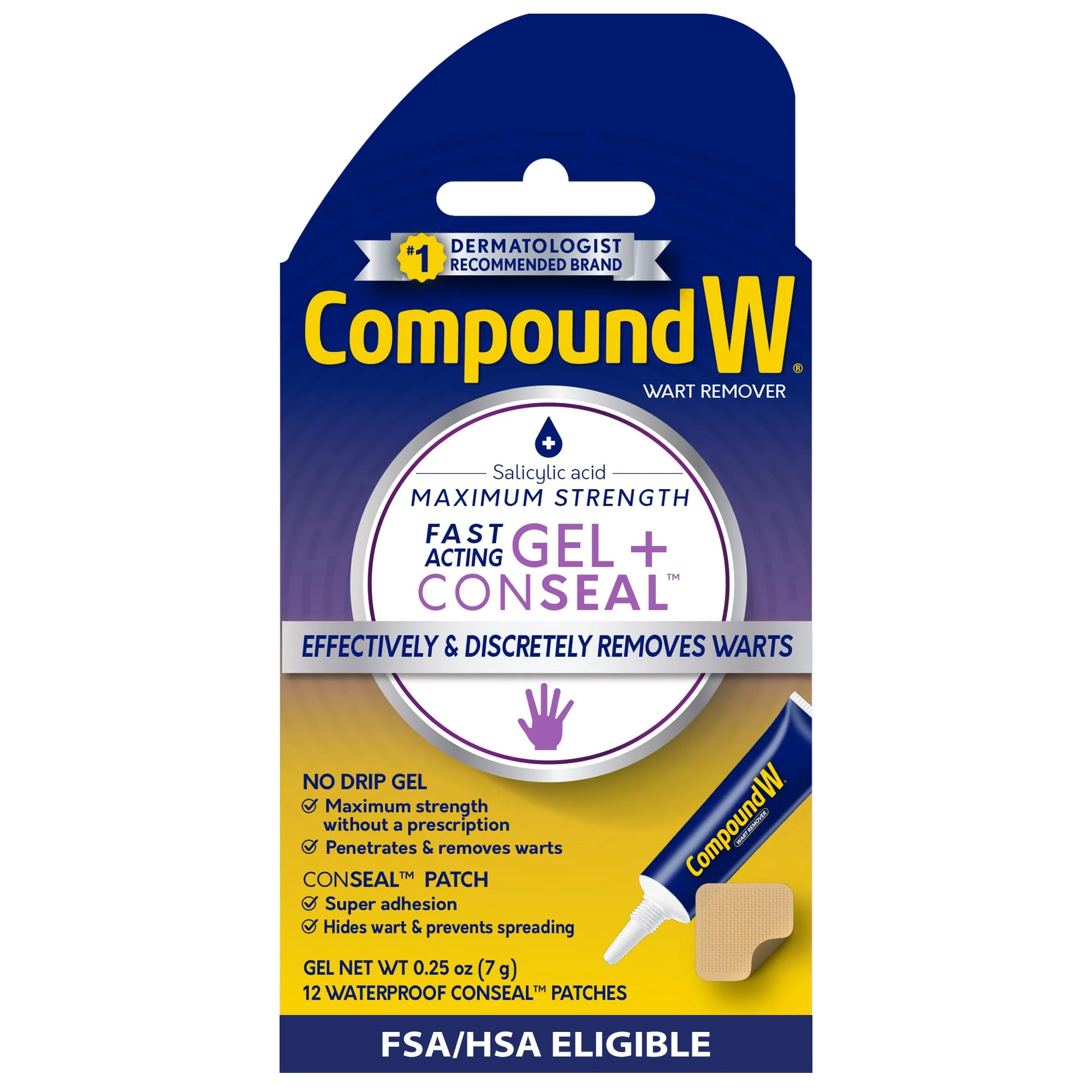 Compound W Maximum Strength Wart Remover Gel & ConSeal Patches with Salicylic Acid, Discreetly Treats Common & Plantar Warts, 0.25 Ounce Gel & 12 Waterproof Patches