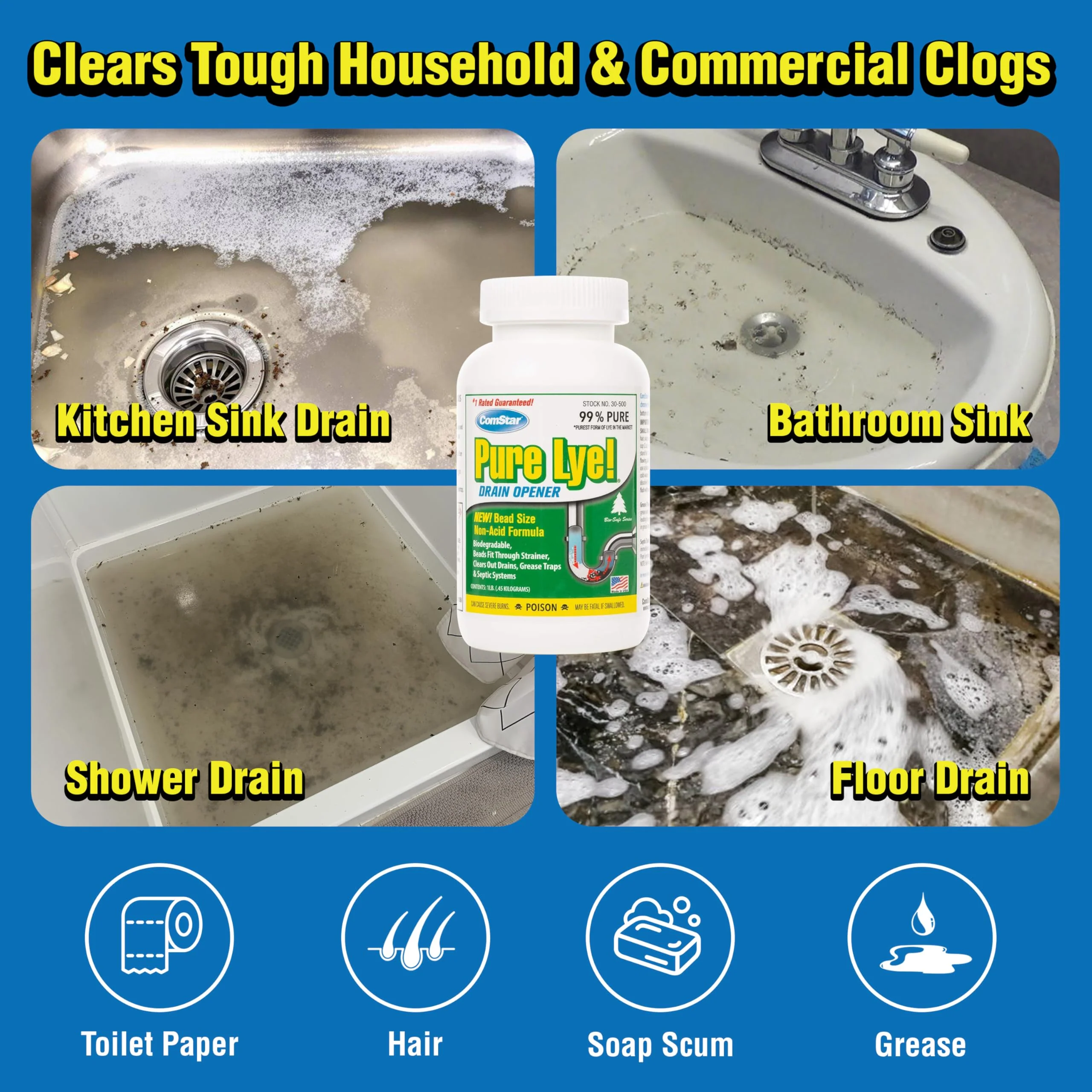 ComStar Pure Lye 400 Pound - Unique Sodium Hydroxide Beads | Drain Opener & Soap Making | Biodegradable, Eco-Friendly (30-502) - Image 7