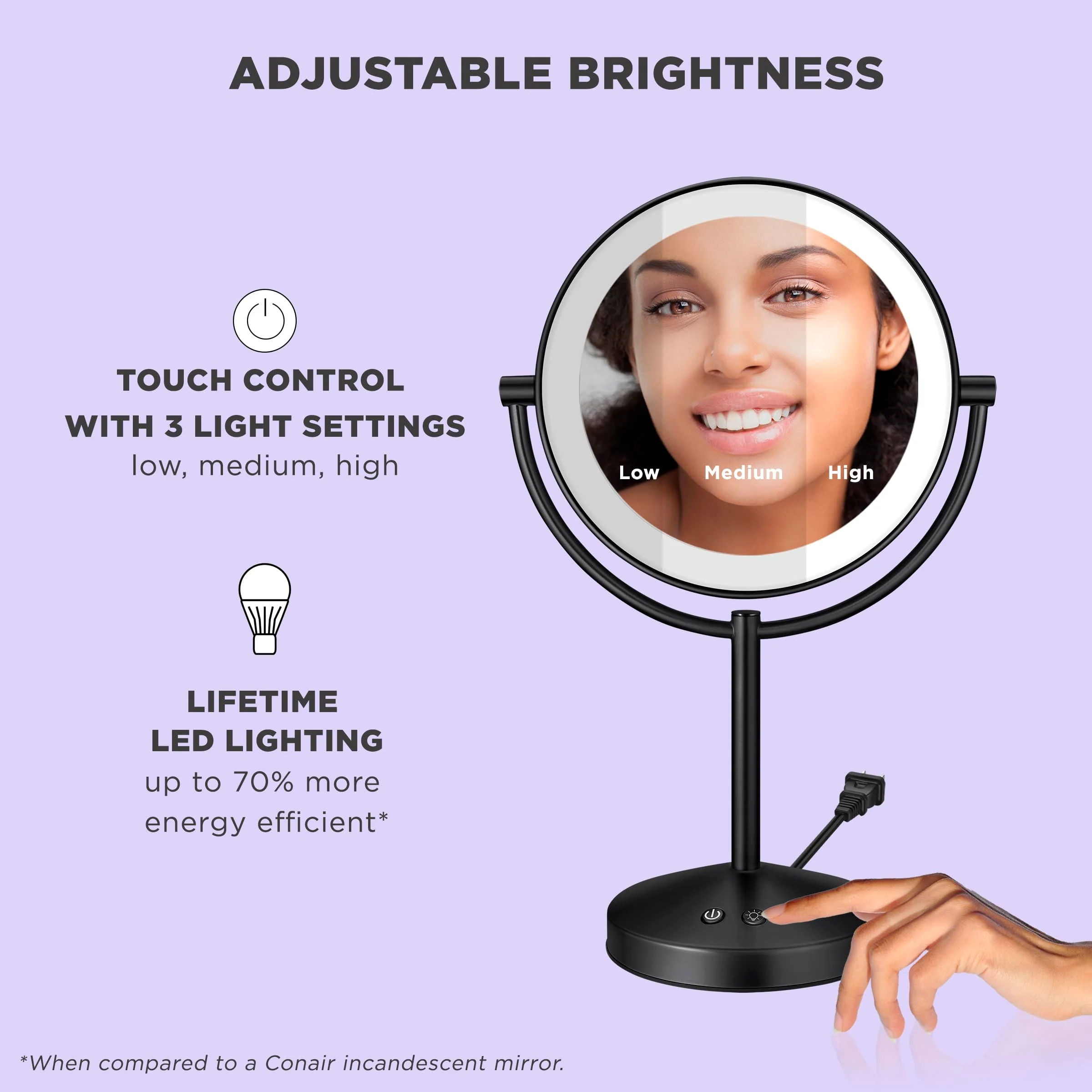 Conair Lighted Makeup Mirror, Double-Sided LED Vanity Mirror with 1X/10X Magnification, 3 Light Settings, 3 Modes, 360° Rotation, Matte Black Finish - Image 6