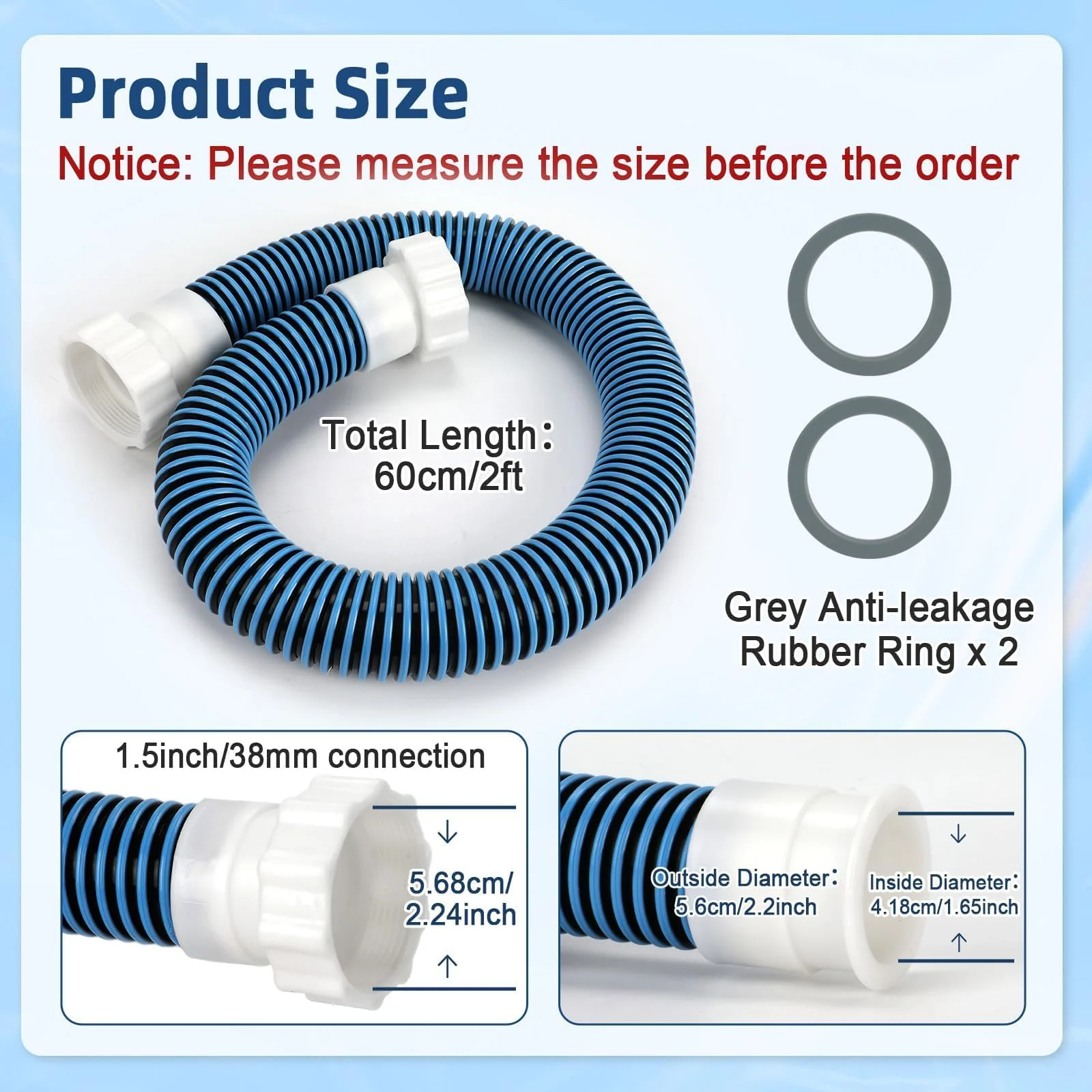 Conderyang 24inch 1 1/2" Pool Sand Filter Pump Hose For Above Ground Pool 2ft 1.5 Inch Eva Pool Sand Pump Replacement Hose For Saltwater Systems And Sand Filters (Blue) - Image 7