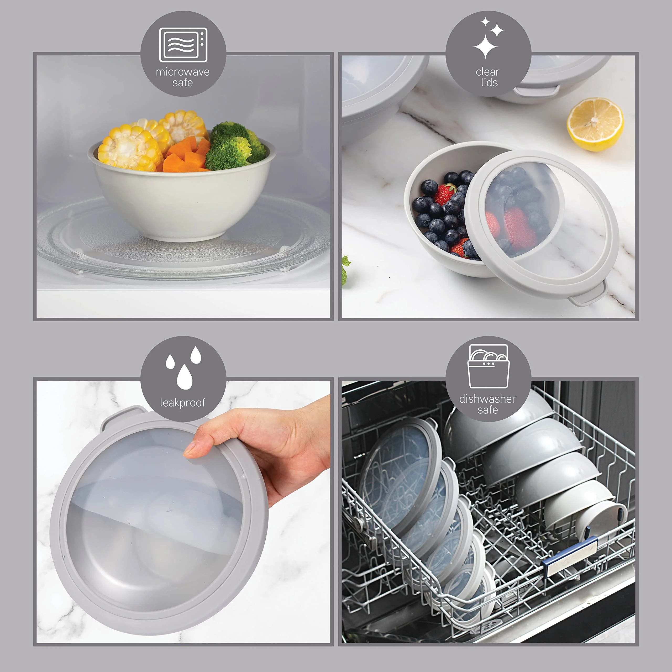 COOK WITH COLOR Mixing Bowls Set with TPR Lids - 12 Piece Plastic Nesting Bowls Set includes 6 Prep Bowls and 6 Lids, Microwave Safe (Grey) - Image 6
