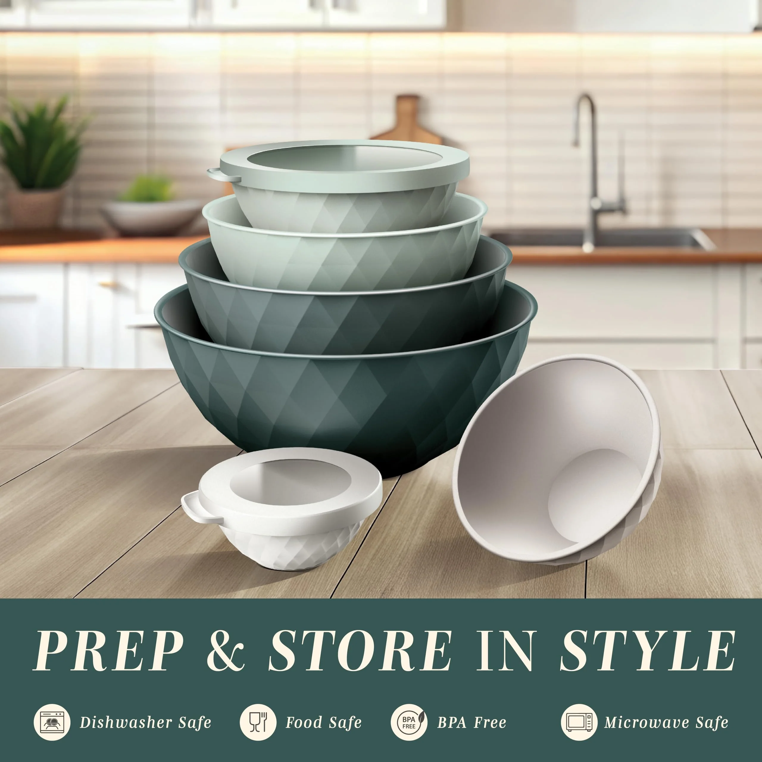 COOK WITH COLOR Mixing Bowls with Lids - 12 Piece Plastic Nesting Bowls Set includes 6 Prep Bowls and 6 Lids, Diamond Design - Microwave Safe (Mint) - Image 9