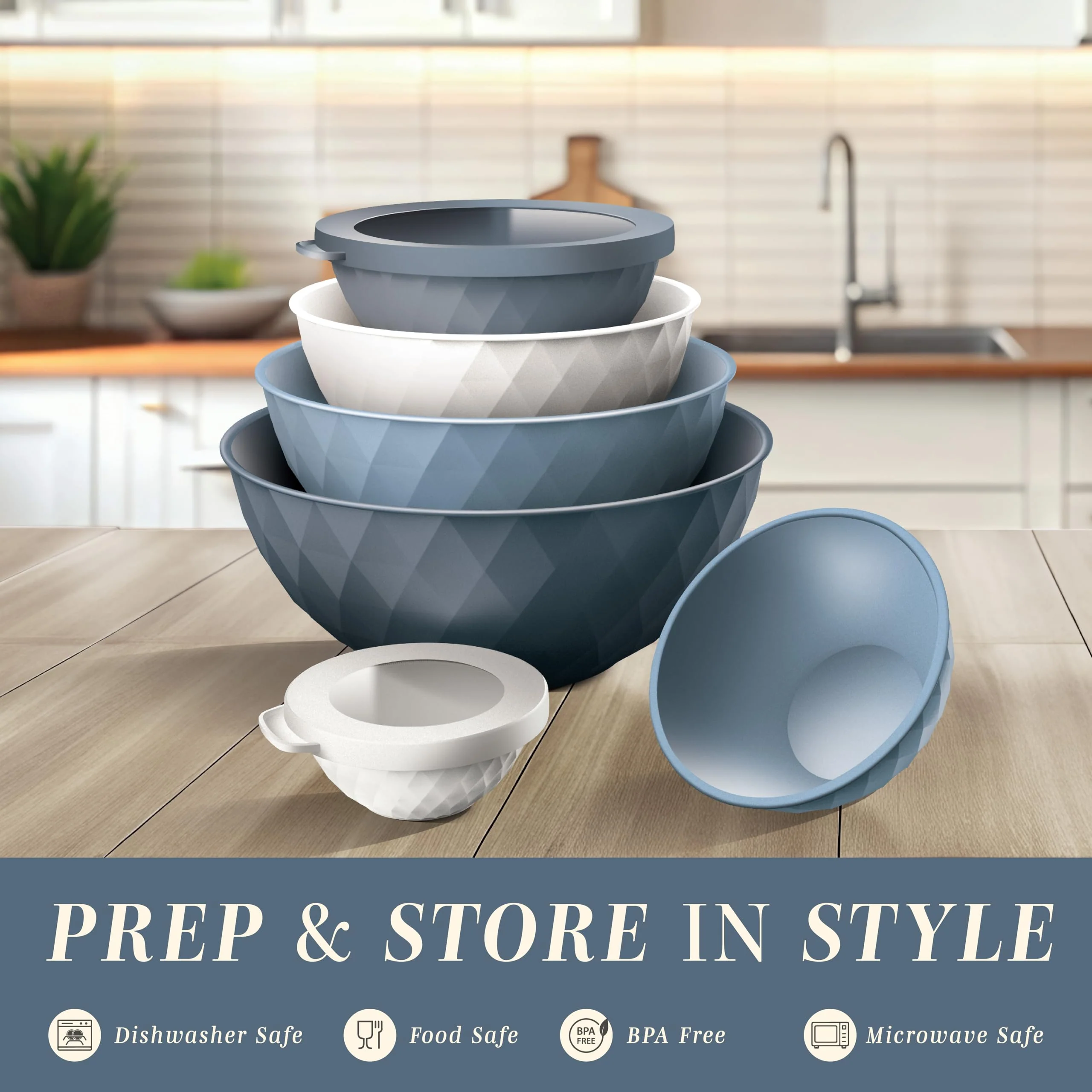 COOK WITH COLOR Mixing Bowls with Lids - 12 Piece Plastic Nesting Bowls Set includes 6 Prep Bowls and 6 Lids, Diamond Design - Microwave Safe (Mint) - Image 9