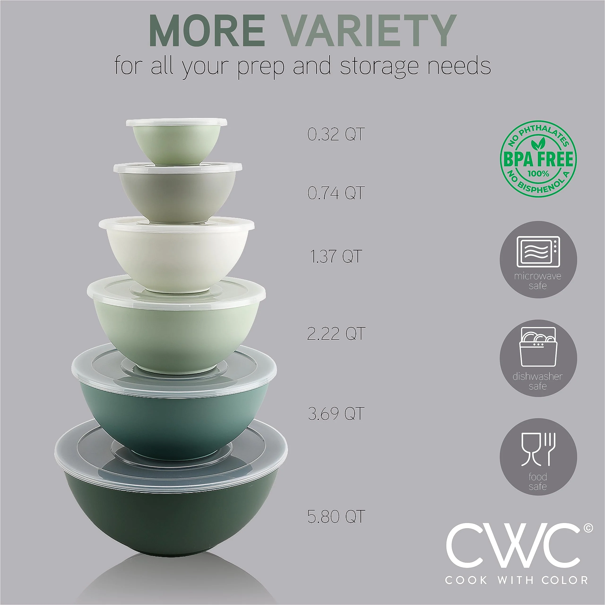 COOK WITH COLOR Mixing Bowls with Lids - 12 Piece Plastic Nesting Bowls Set includes 6 Prep Bowls and 6 Lids, Microwave Safe Mixing Bowl Set (Sage) - Image 7