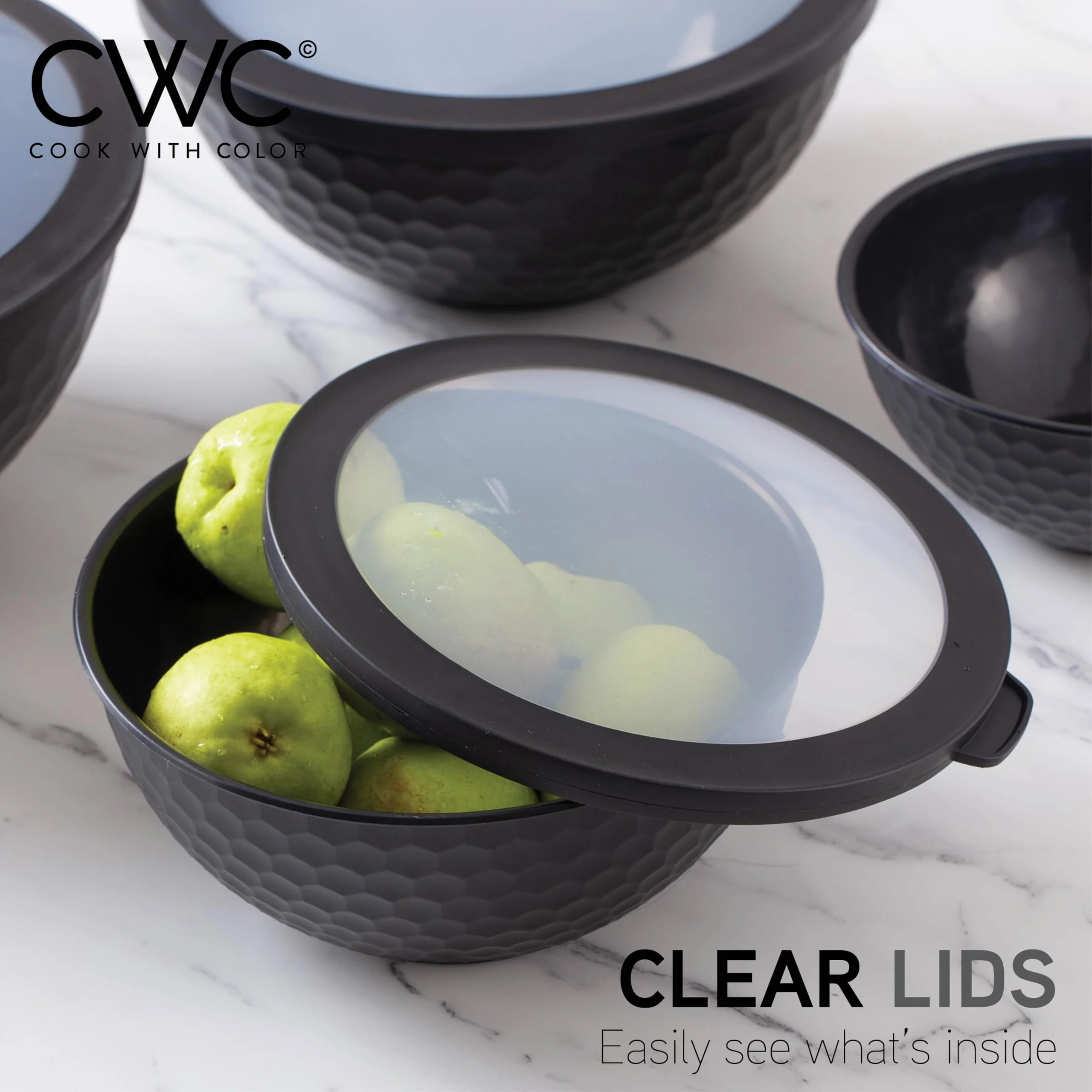 COOK WITH COLOR Mixing Bowls with Lids - 12 Piece Plastic Nesting Bowls Set includes 6 Prep Bowls and 6 Lids, Non Slip Bottom and Embossed Design - Microwave Safe (Black) - Image 5