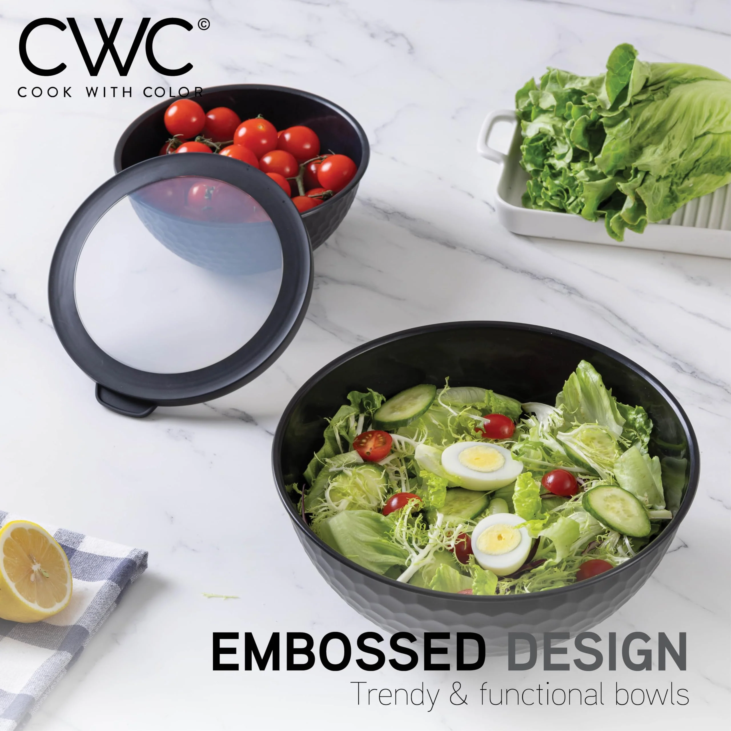 COOK WITH COLOR Mixing Bowls with Lids - 12 Piece Plastic Nesting Bowls Set includes 6 Prep Bowls and 6 Lids, Non Slip Bottom and Embossed Design - Microwave Safe (Black) - Image 7