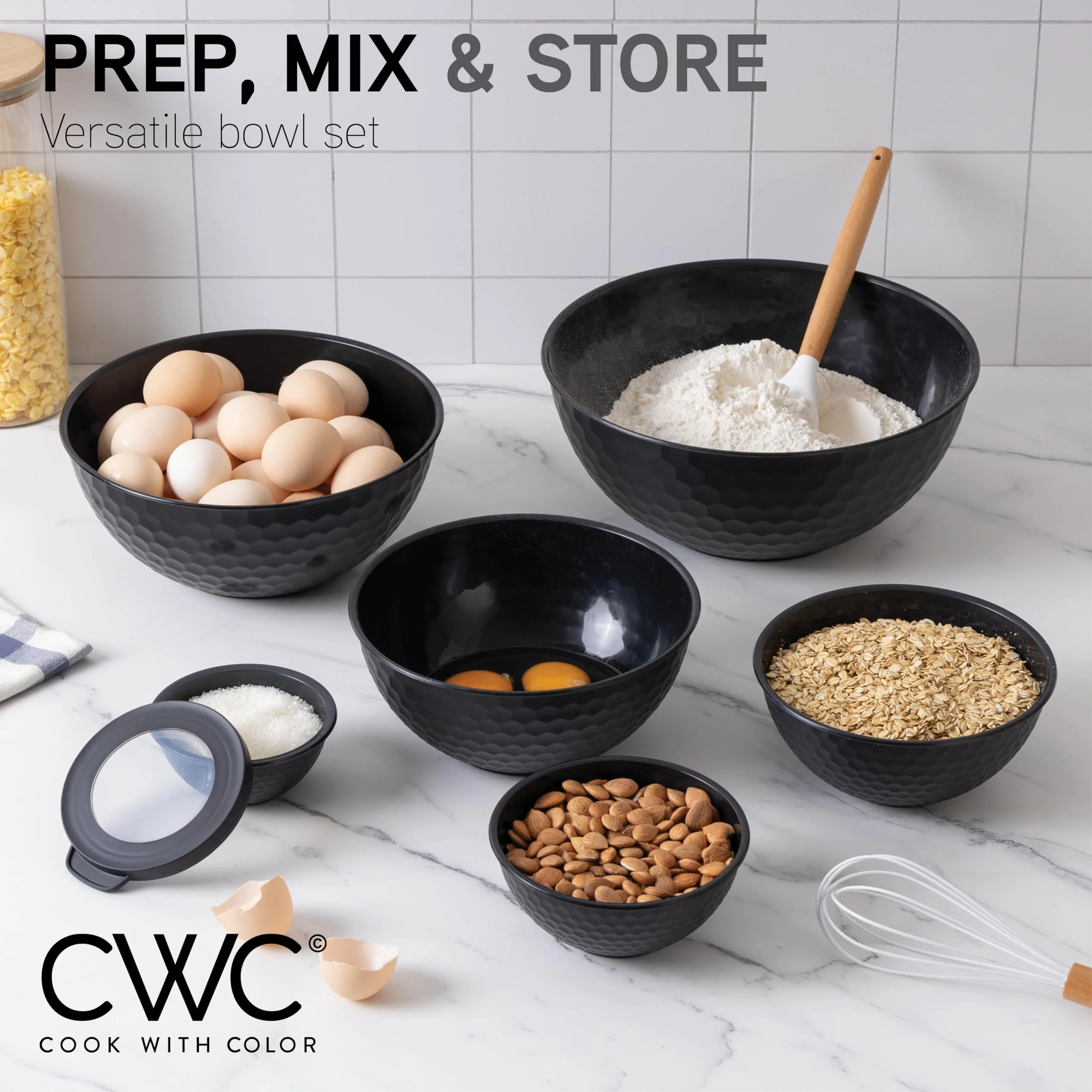 COOK WITH COLOR Mixing Bowls with Lids - 12 Piece Plastic Nesting Bowls Set includes 6 Prep Bowls and 6 Lids, Non Slip Bottom and Embossed Design - Microwave Safe (Black) - Image 8