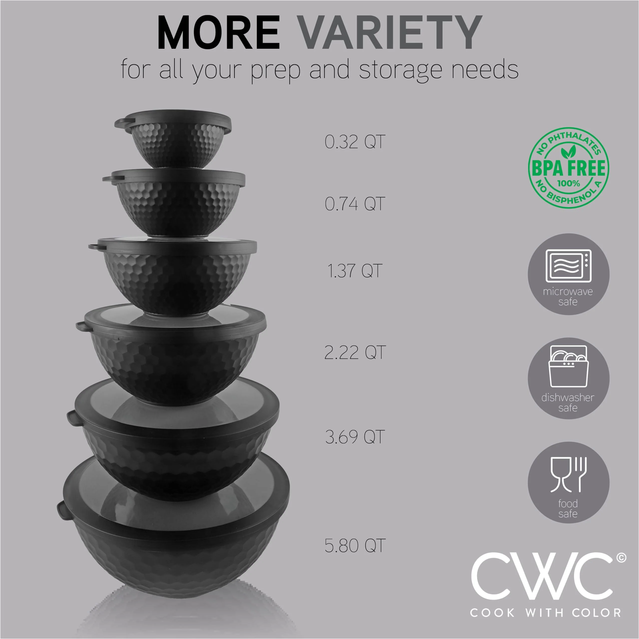 COOK WITH COLOR Mixing Bowls with Lids - 12 Piece Plastic Nesting Bowls Set includes 6 Prep Bowls and 6 Lids, Non Slip Bottom and Embossed Design - Microwave Safe (Black) - Image 9