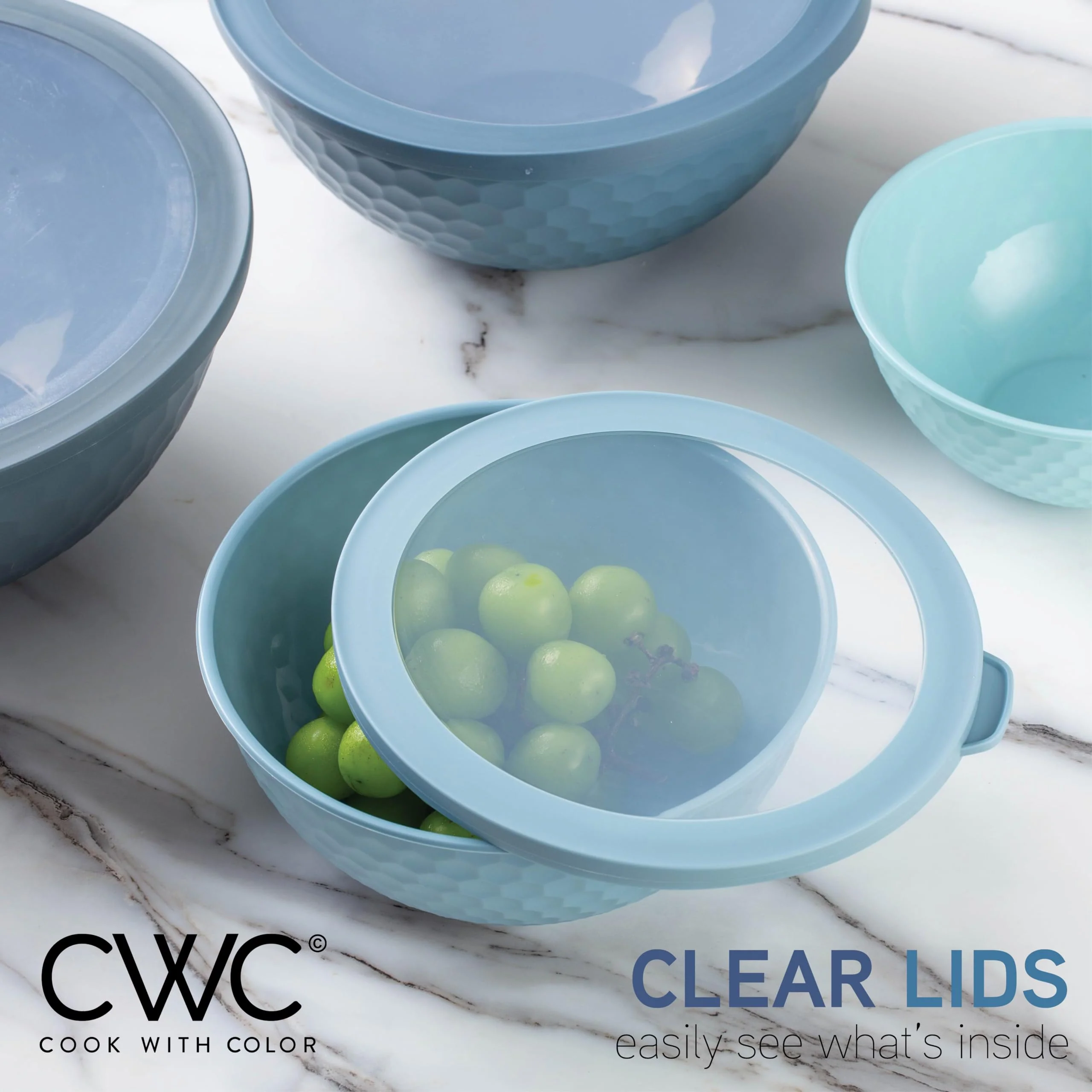 COOK WITH COLOR Mixing Bowls with Lids - 12 Piece Plastic Nesting Bowls Set includes 6 Prep Bowls and 6 Lids, Non Slip Bottom and Embossed Design - Microwave Safe (Blue) - Image 4