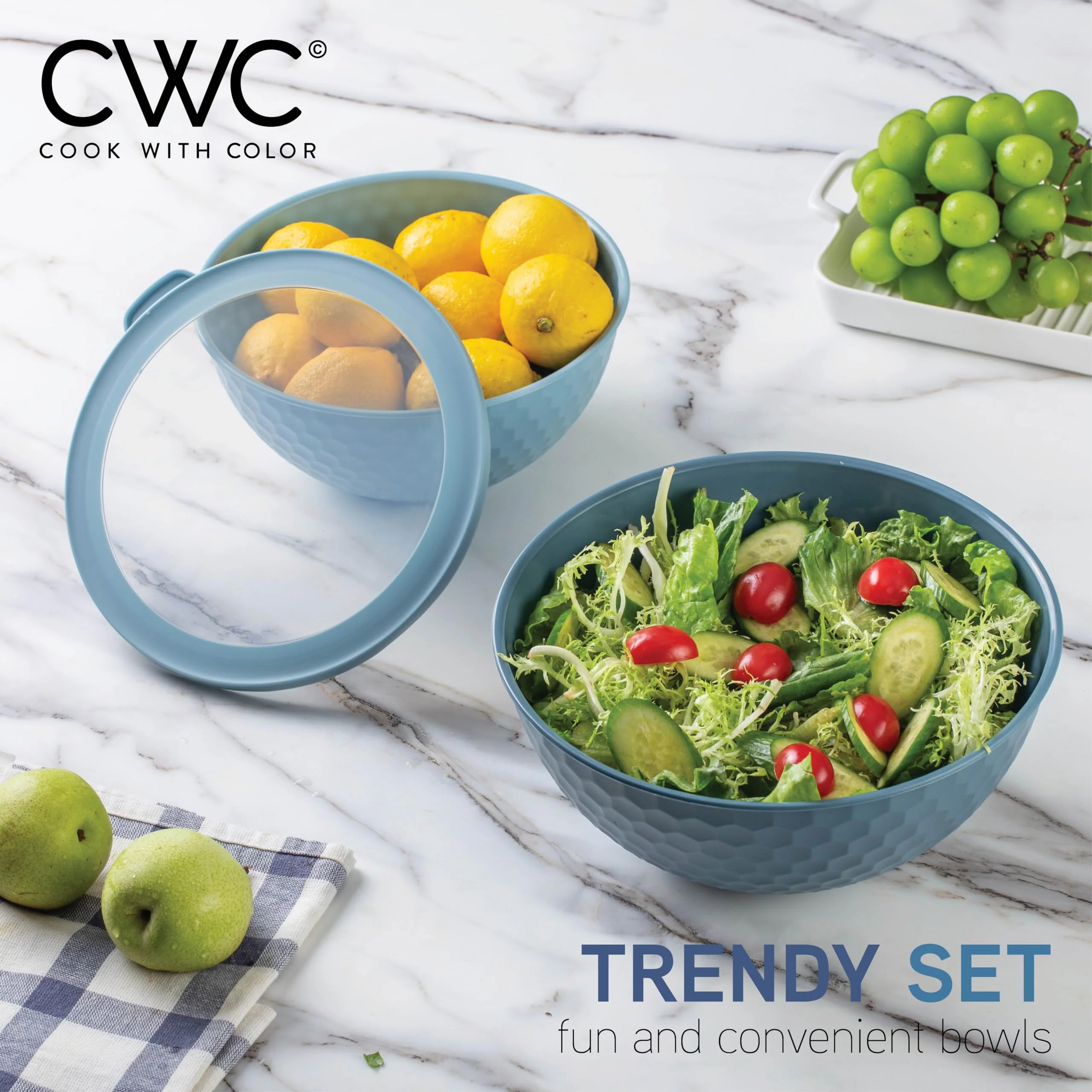 COOK WITH COLOR Mixing Bowls with Lids - 12 Piece Plastic Nesting Bowls Set includes 6 Prep Bowls and 6 Lids, Non Slip Bottom and Embossed Design - Microwave Safe (Blue) - Image 5