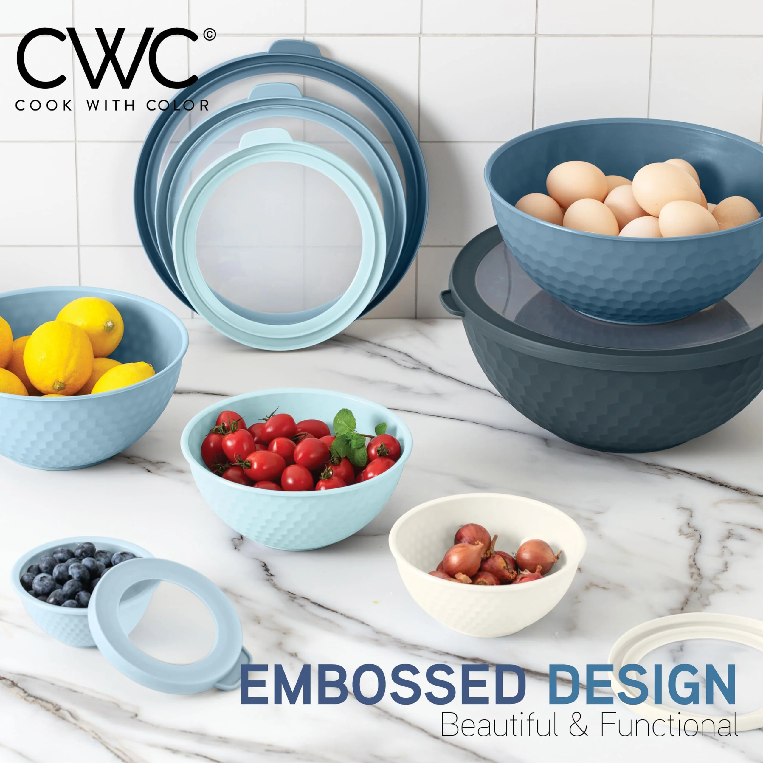 COOK WITH COLOR Mixing Bowls with Lids - 12 Piece Plastic Nesting Bowls Set includes 6 Prep Bowls and 6 Lids, Non Slip Bottom and Embossed Design - Microwave Safe (Blue) - Image 7