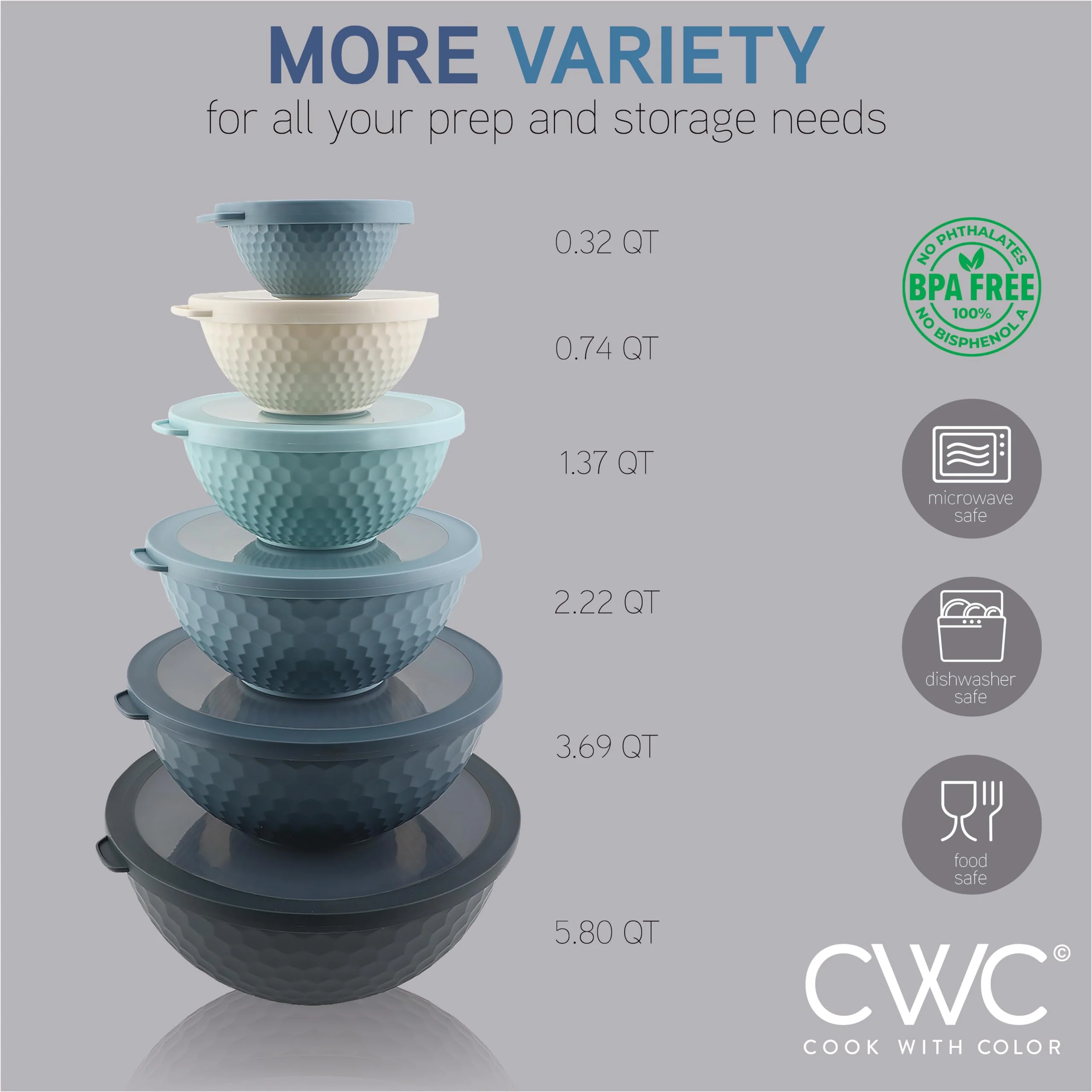 COOK WITH COLOR Mixing Bowls with Lids - 12 Piece Plastic Nesting Bowls Set includes 6 Prep Bowls and 6 Lids, Non Slip Bottom and Embossed Design - Microwave Safe (Blue) - Image 8