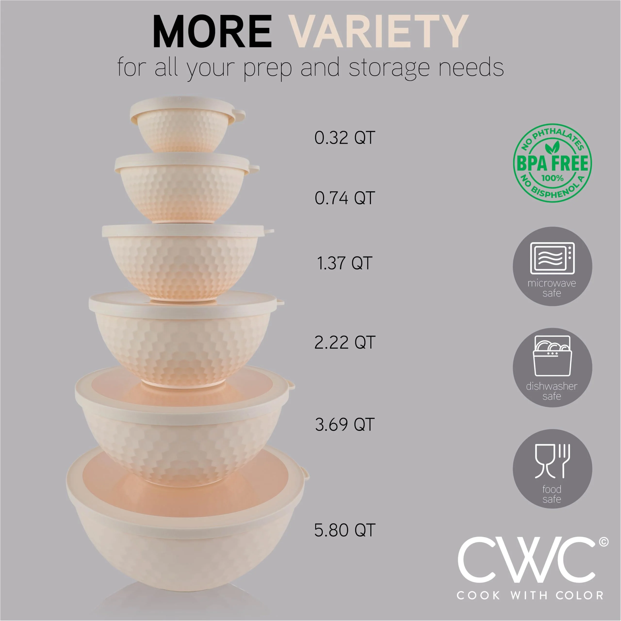 COOK WITH COLOR Mixing Bowls with Lids - 12 Piece Plastic Nesting Bowls Set includes 6 Prep Bowls and 6 Lids, Non Slip Bottom and Embossed Design - Microwave Safe (Cream) - Image 4