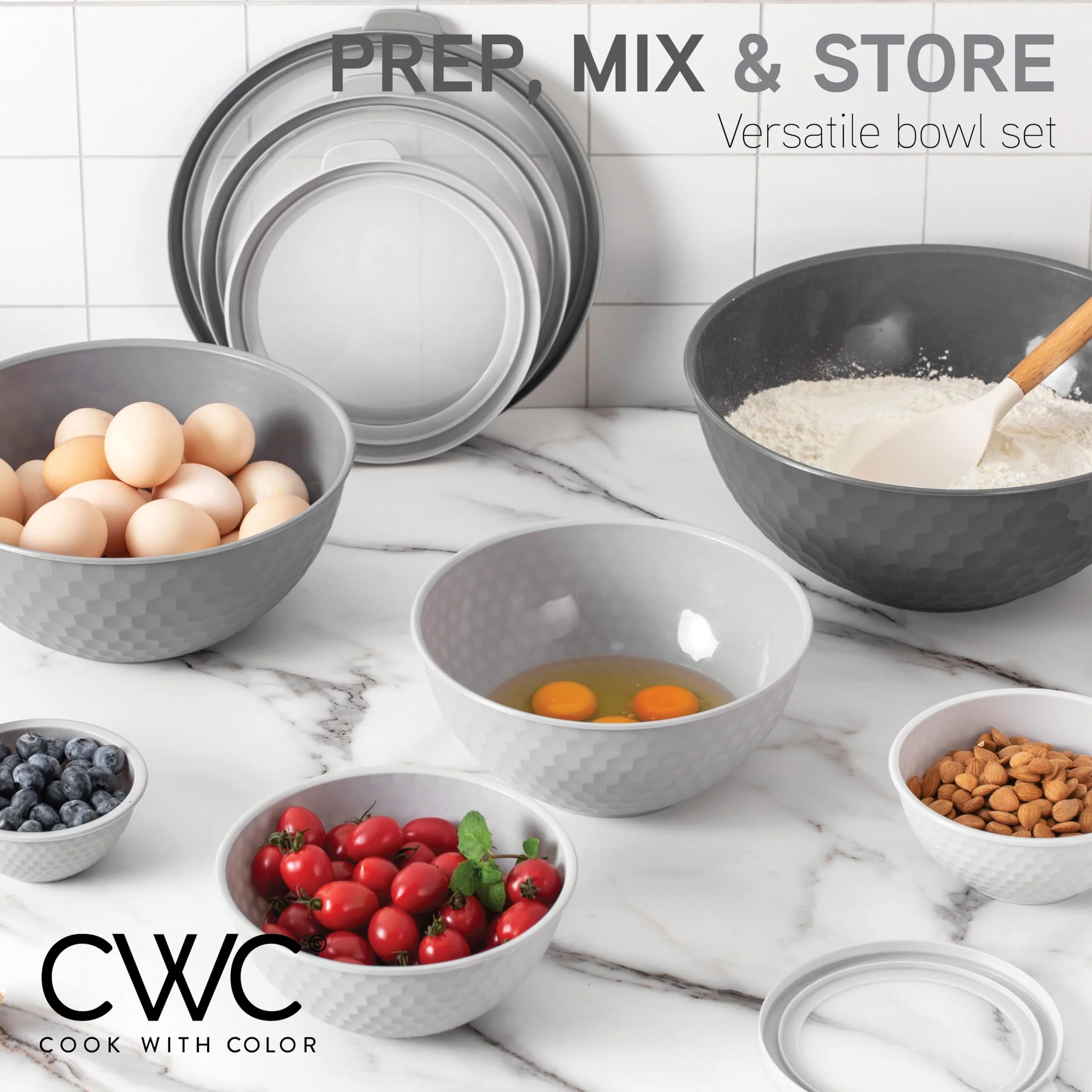 COOK WITH COLOR Mixing Bowls with Lids - 12 Piece Plastic Nesting Bowls Set includes 6 Prep Bowls and 6 Lids, Non Slip Bottom and Embossed Design - Microwave Safe (Grey) - Image 4