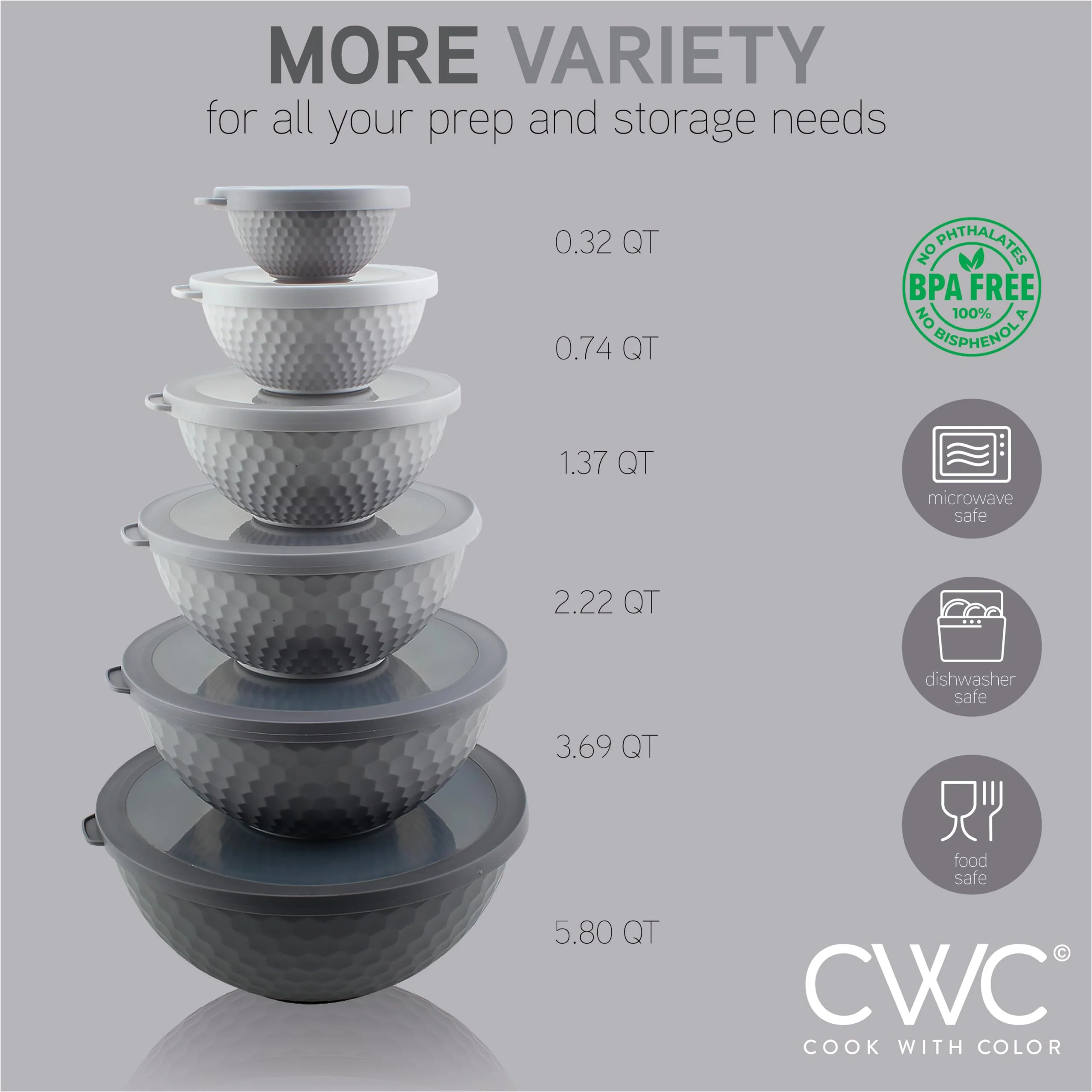 COOK WITH COLOR Mixing Bowls with Lids - 12 Piece Plastic Nesting Bowls Set includes 6 Prep Bowls and 6 Lids, Non Slip Bottom and Embossed Design - Microwave Safe (Grey) - Image 7