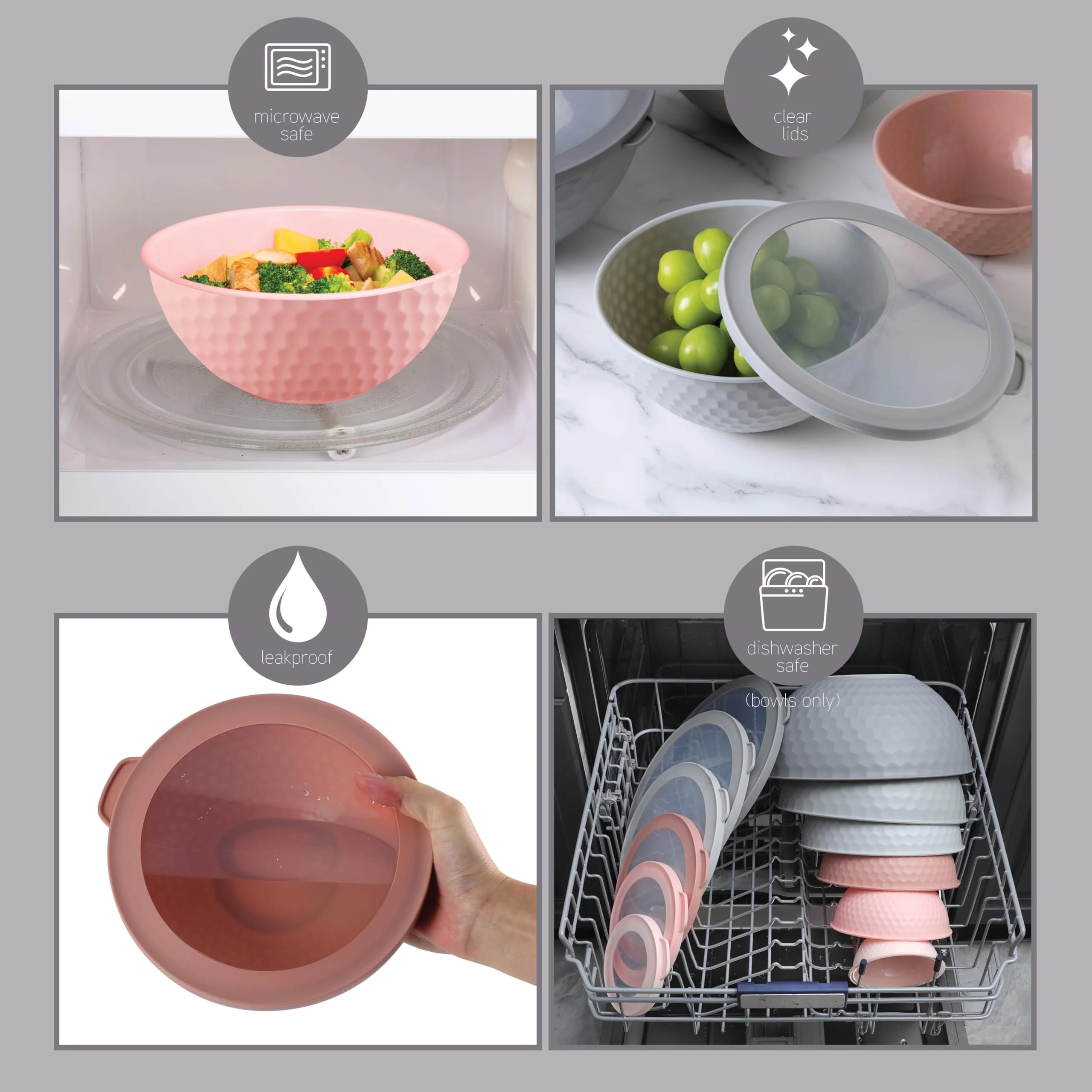 COOK WITH COLOR Mixing Bowls with Lids - 12 Piece Plastic Nesting Bowls Set includes 6 Prep Bowls and 6 Lids, Non Slip Bottom and Embossed Design - Microwave Safe (Pink) - Image 2