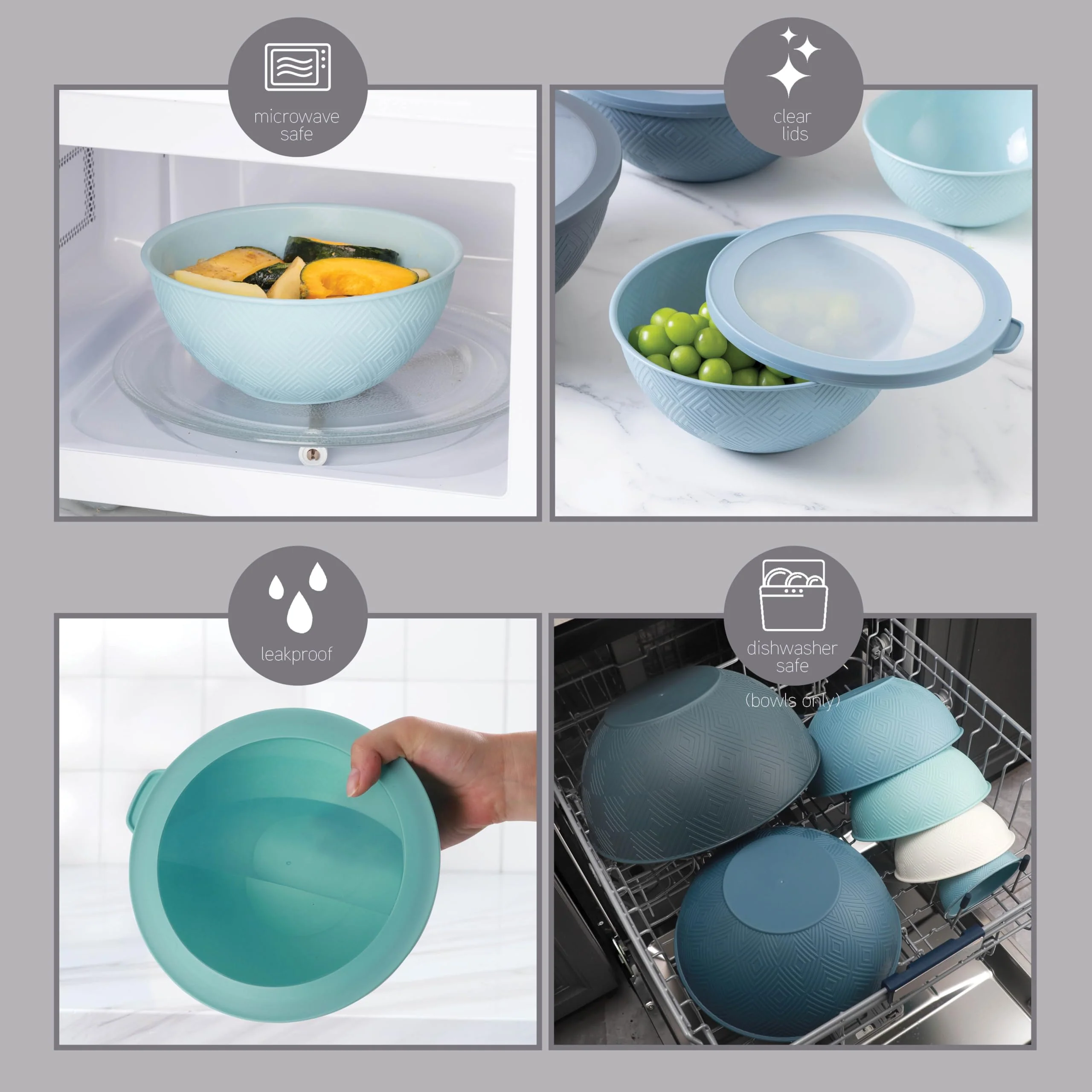 COOK WITH COLOR Mixing Bowls with Lids - 12 Piece Plastic Nesting Bowls Set includes 6 Prep Bowls and 6 Lids, Rhombus Design - Microwave Safe (Blue) - Image 6