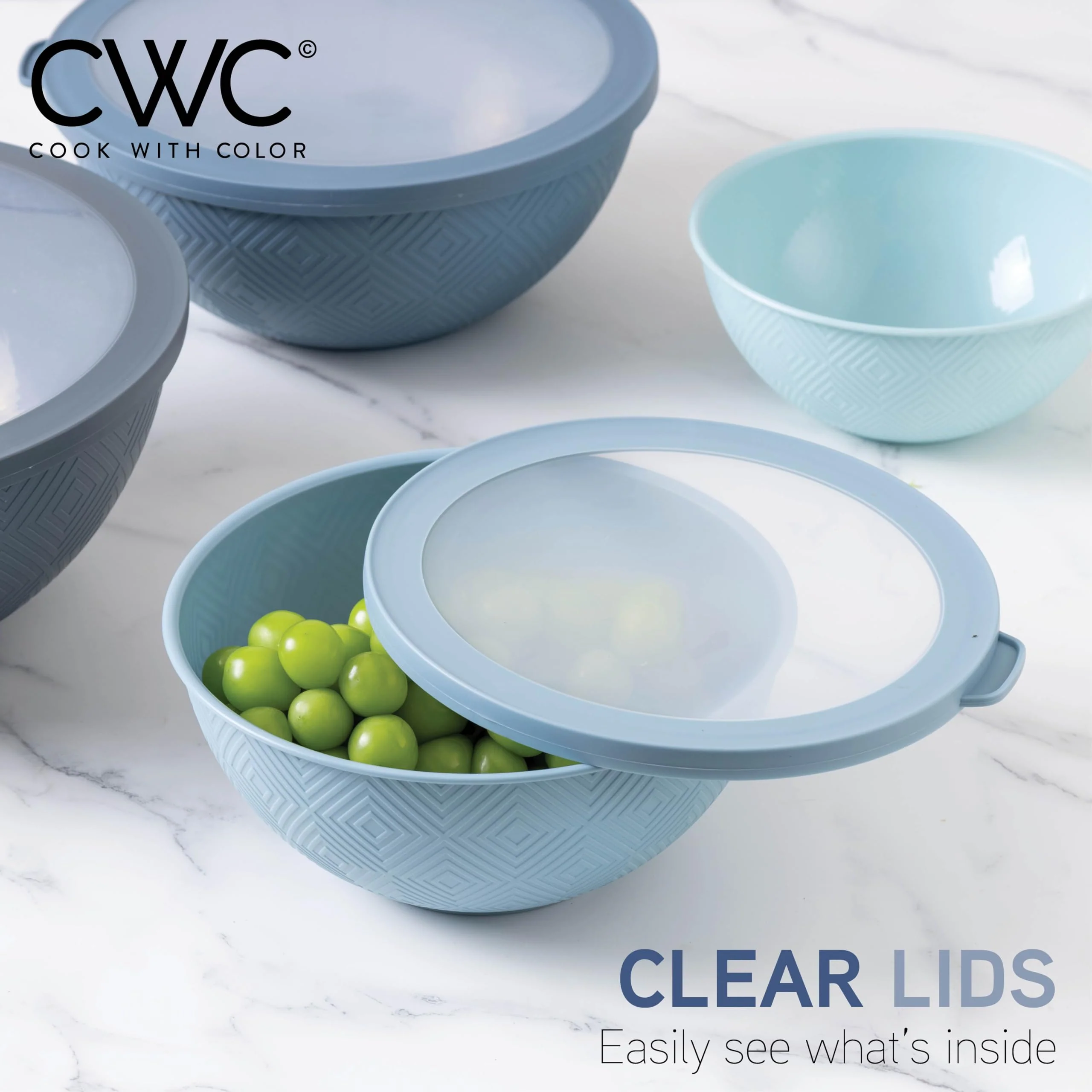 COOK WITH COLOR Mixing Bowls with Lids - 12 Piece Plastic Nesting Bowls Set includes 6 Prep Bowls and 6 Lids, Rhombus Design - Microwave Safe (Blue) - Image 7