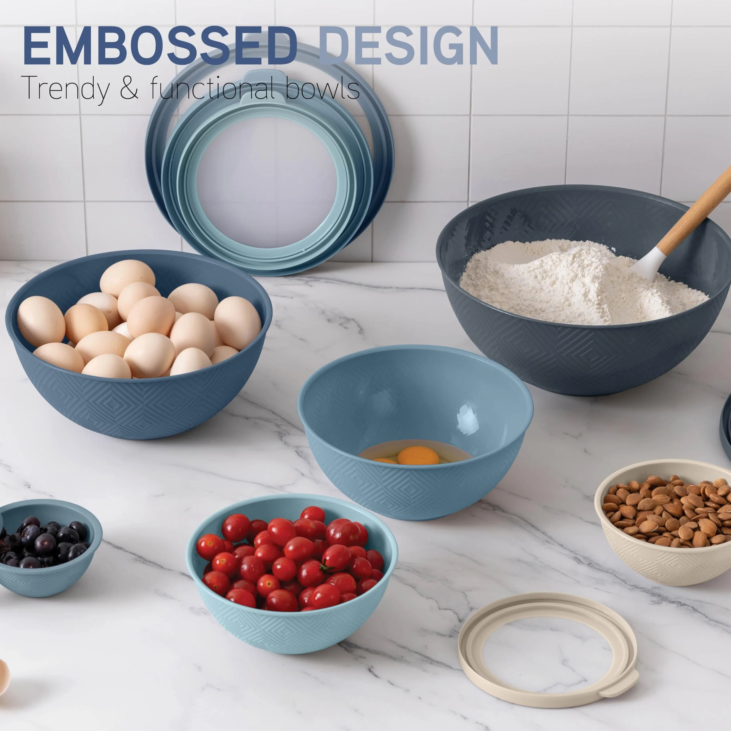 COOK WITH COLOR Mixing Bowls with Lids - 12 Piece Plastic Nesting Bowls Set includes 6 Prep Bowls and 6 Lids, Rhombus Design - Microwave Safe (Blue) - Image 8