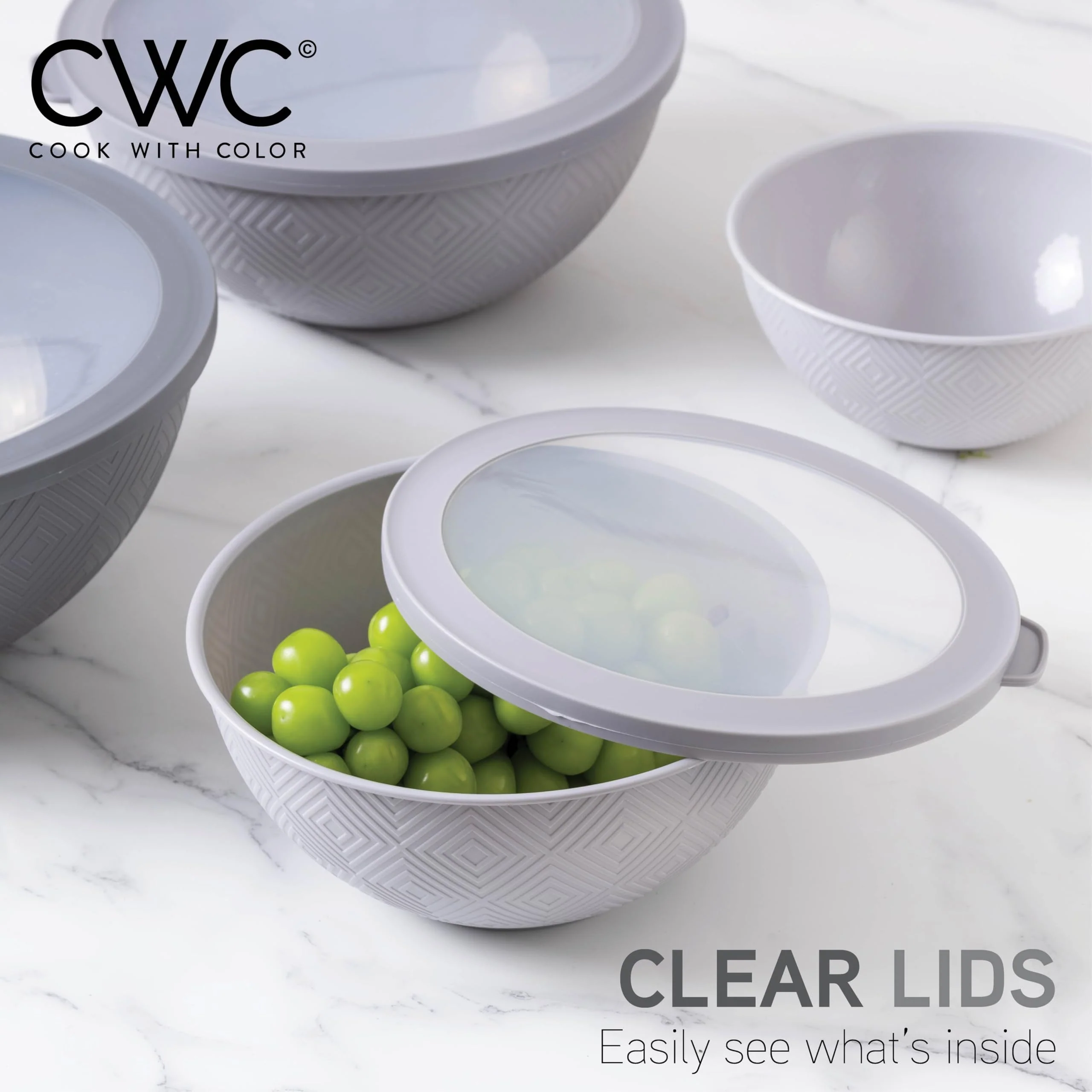 COOK WITH COLOR Mixing Bowls with Lids - 12 Piece Plastic Nesting Bowls Set includes 6 Prep Bowls and 6 Lids, Rhombus Design - Microwave Safe (Grey) - Image 4