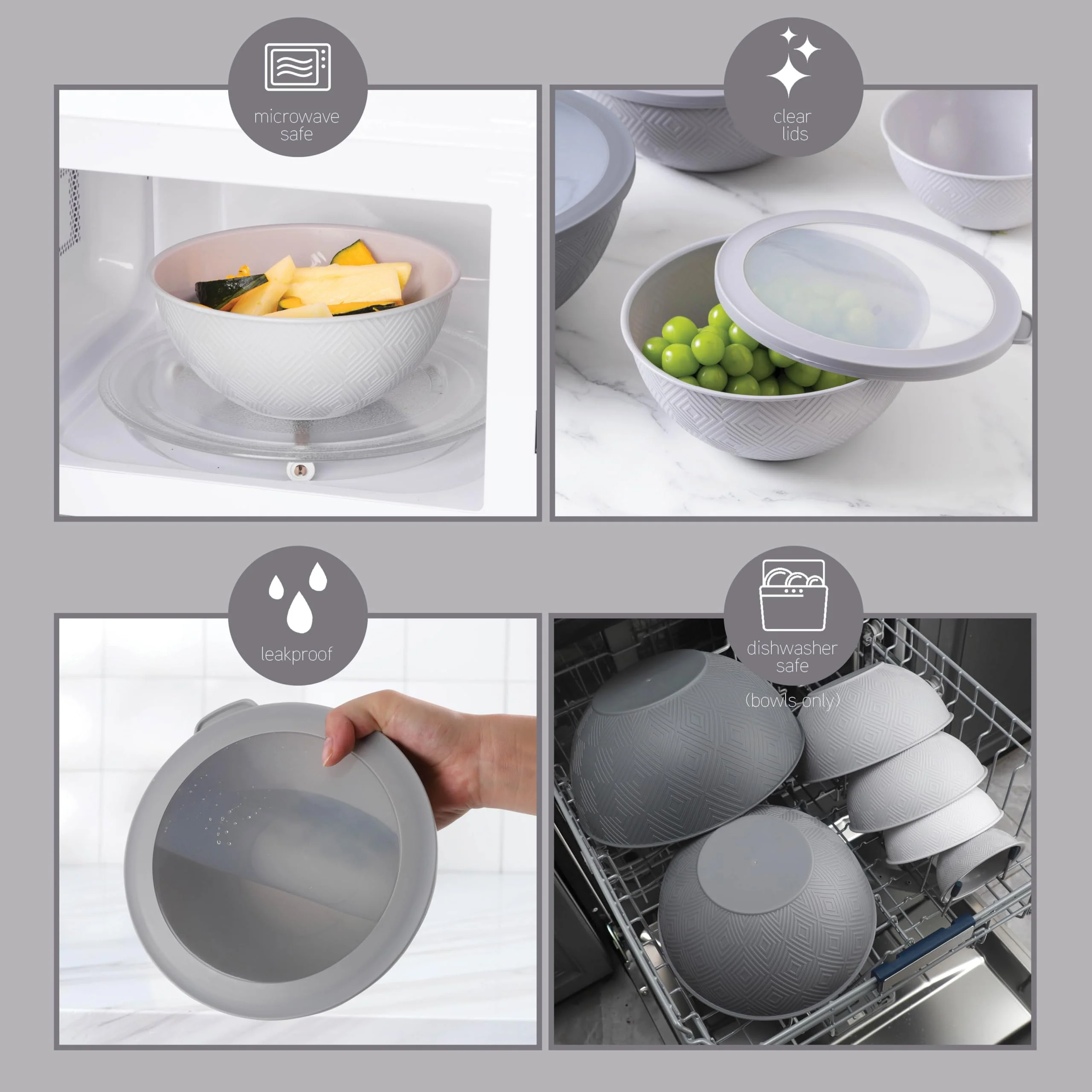 COOK WITH COLOR Mixing Bowls with Lids - 12 Piece Plastic Nesting Bowls Set includes 6 Prep Bowls and 6 Lids, Rhombus Design - Microwave Safe (Grey) - Image 6