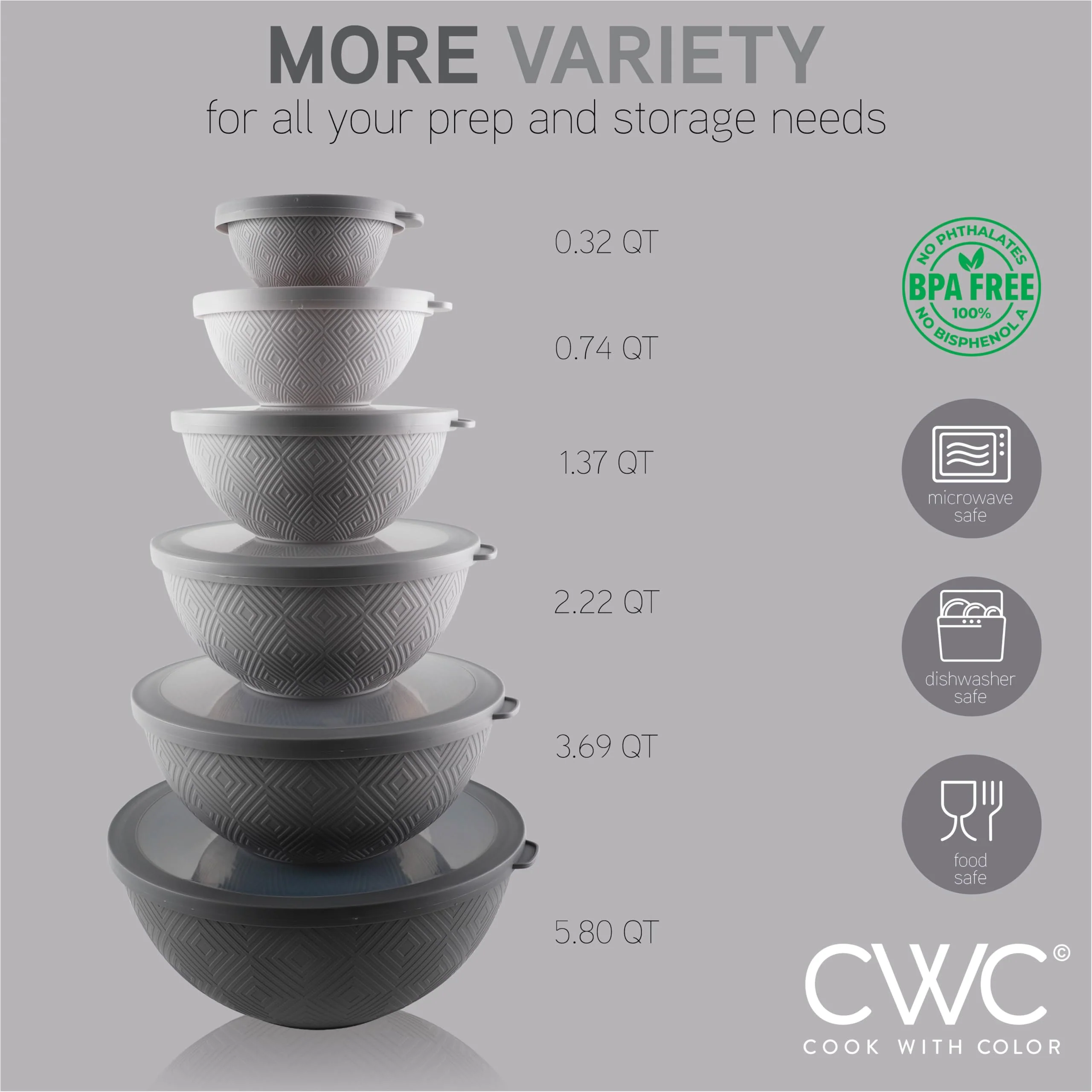 COOK WITH COLOR Mixing Bowls with Lids - 12 Piece Plastic Nesting Bowls Set includes 6 Prep Bowls and 6 Lids, Rhombus Design - Microwave Safe (Grey) - Image 9