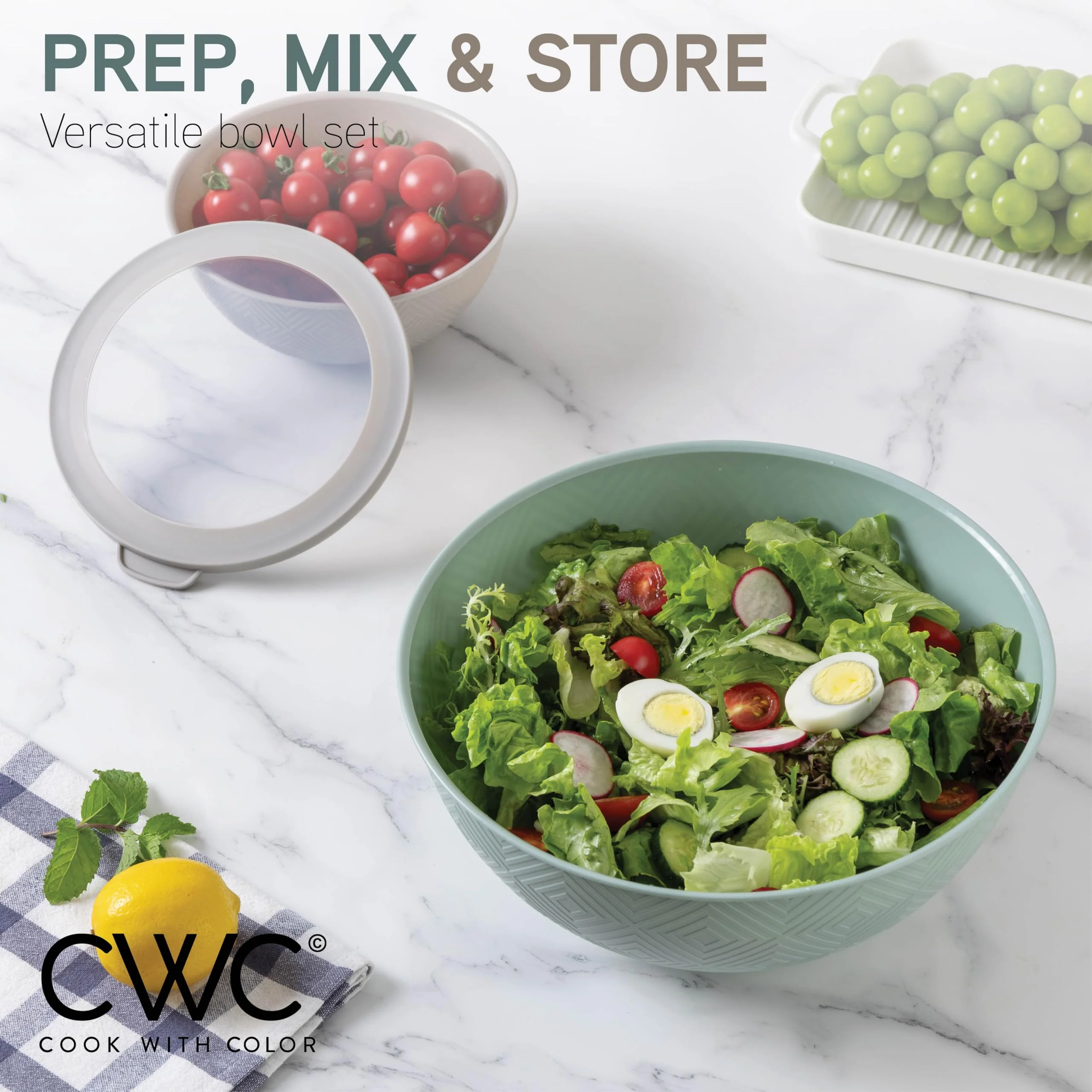 COOK WITH COLOR Mixing Bowls with Lids - 12 Piece Plastic Nesting Bowls Set includes 6 Prep Bowls and 6 Lids, Rhombus Design - Microwave Safe (Mint) - Image 5