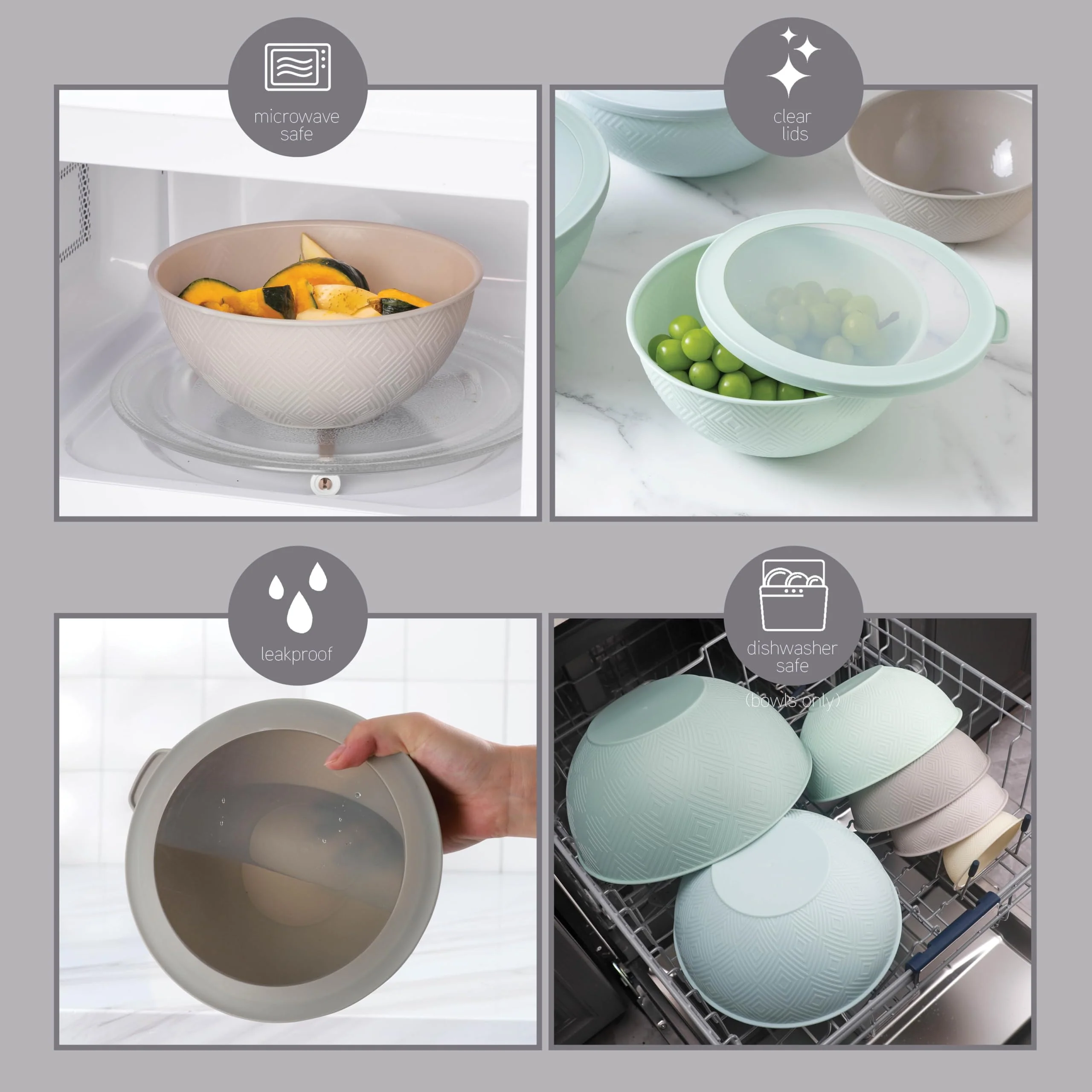 COOK WITH COLOR Mixing Bowls with Lids - 12 Piece Plastic Nesting Bowls Set includes 6 Prep Bowls and 6 Lids, Rhombus Design - Microwave Safe (Mint) - Image 6
