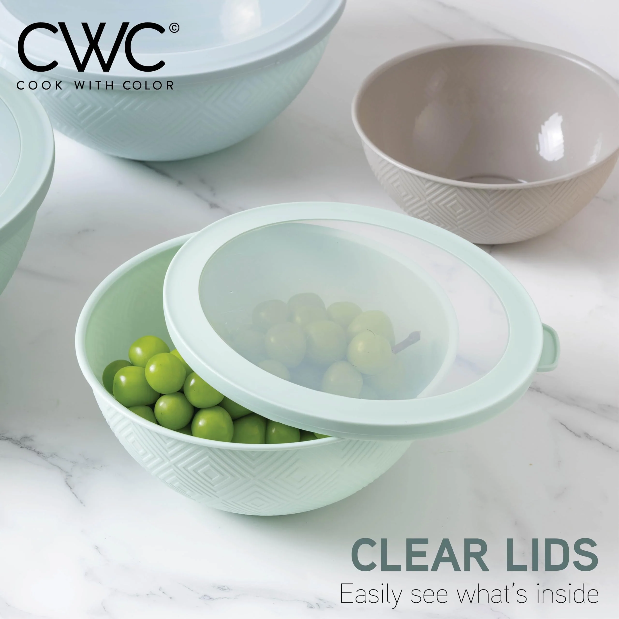 COOK WITH COLOR Mixing Bowls with Lids - 12 Piece Plastic Nesting Bowls Set includes 6 Prep Bowls and 6 Lids, Rhombus Design - Microwave Safe (Mint) - Image 7