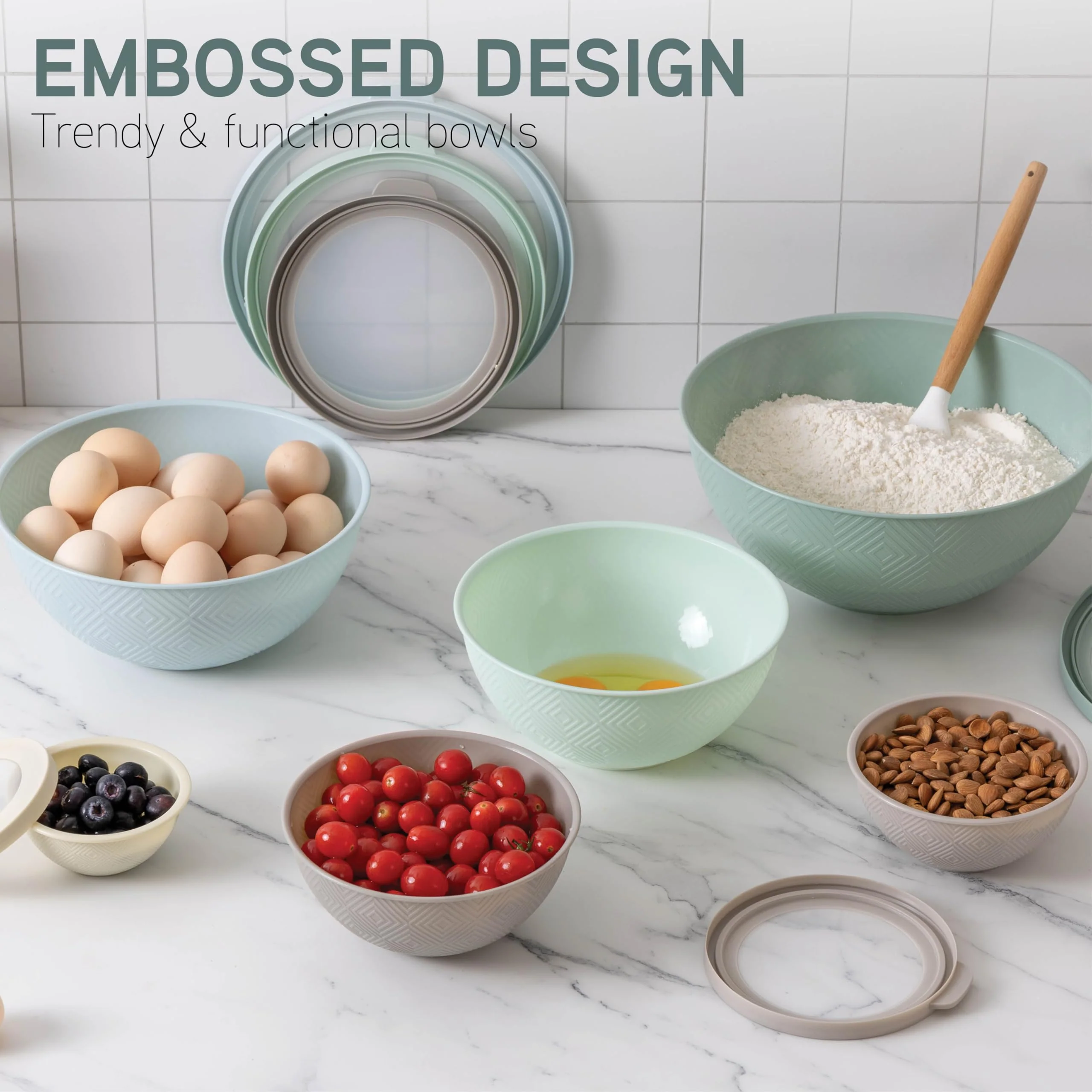 COOK WITH COLOR Mixing Bowls with Lids - 12 Piece Plastic Nesting Bowls Set includes 6 Prep Bowls and 6 Lids, Rhombus Design - Microwave Safe (Mint) - Image 8