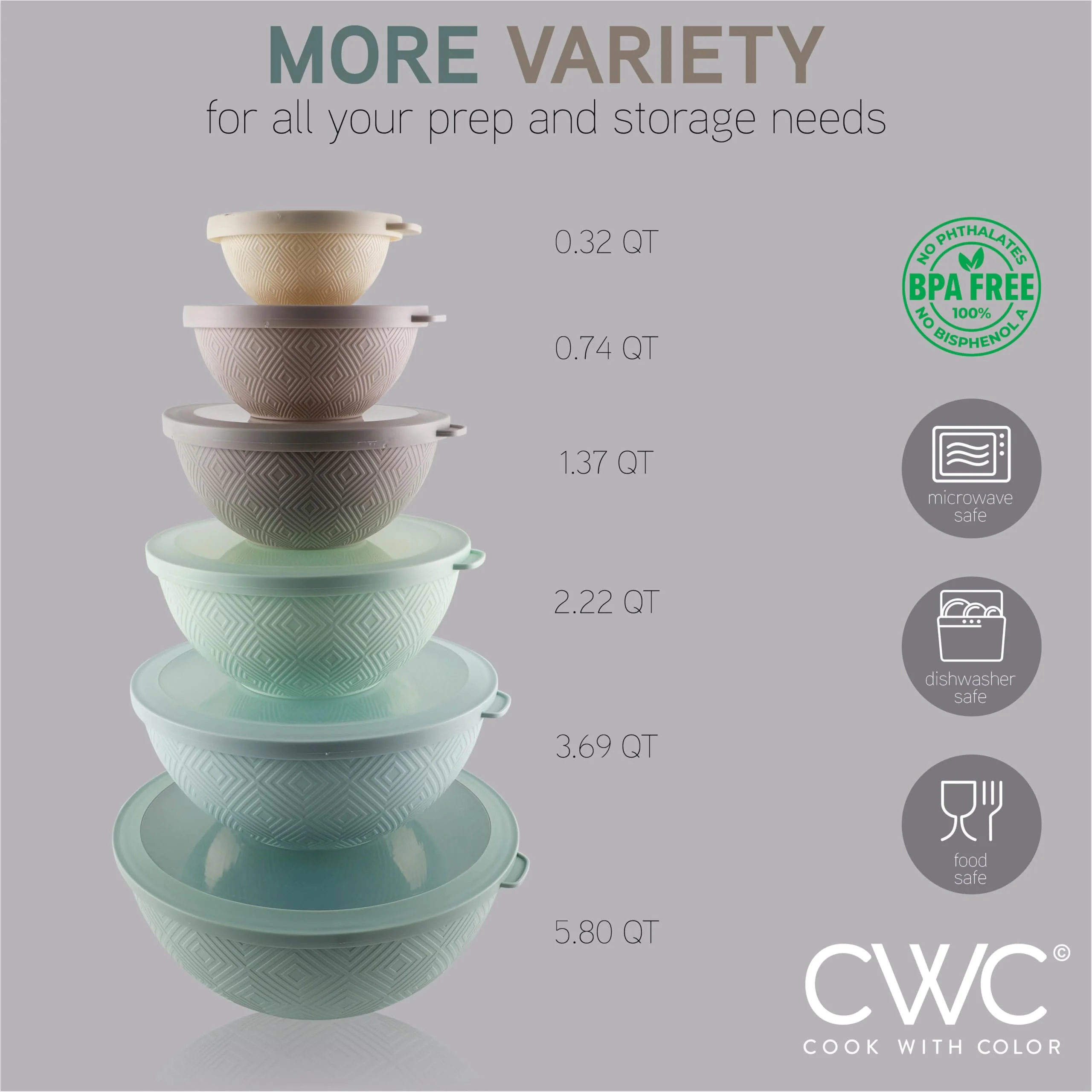 COOK WITH COLOR Mixing Bowls with Lids - 12 Piece Plastic Nesting Bowls Set includes 6 Prep Bowls and 6 Lids, Rhombus Design - Microwave Safe (Mint) - Image 9