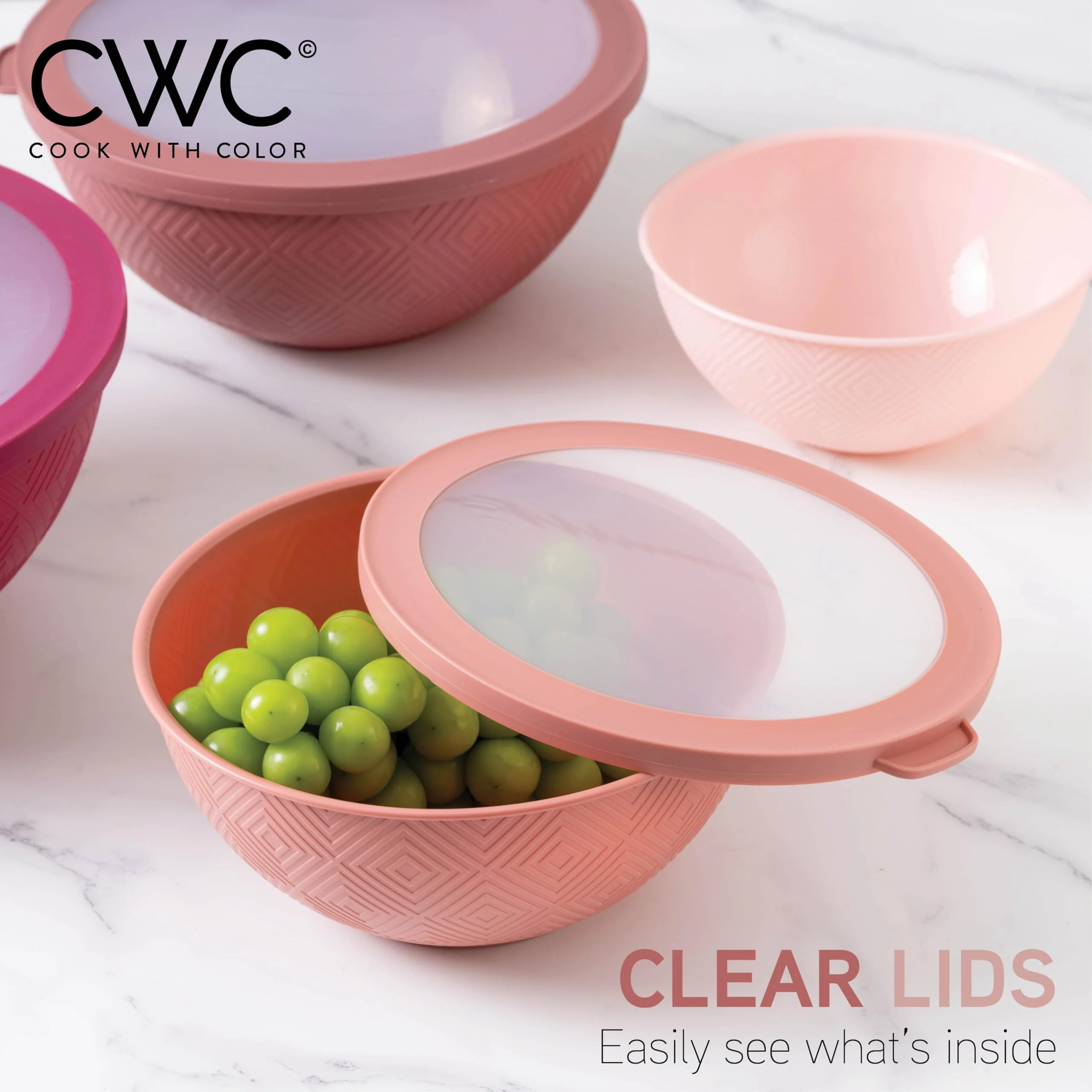 COOK WITH COLOR Mixing Bowls with Lids - 12 Piece Plastic Nesting Bowls Set includes 6 Prep Bowls and 6 Lids, Rhombus Design - Microwave Safe (Rose) - Image 4