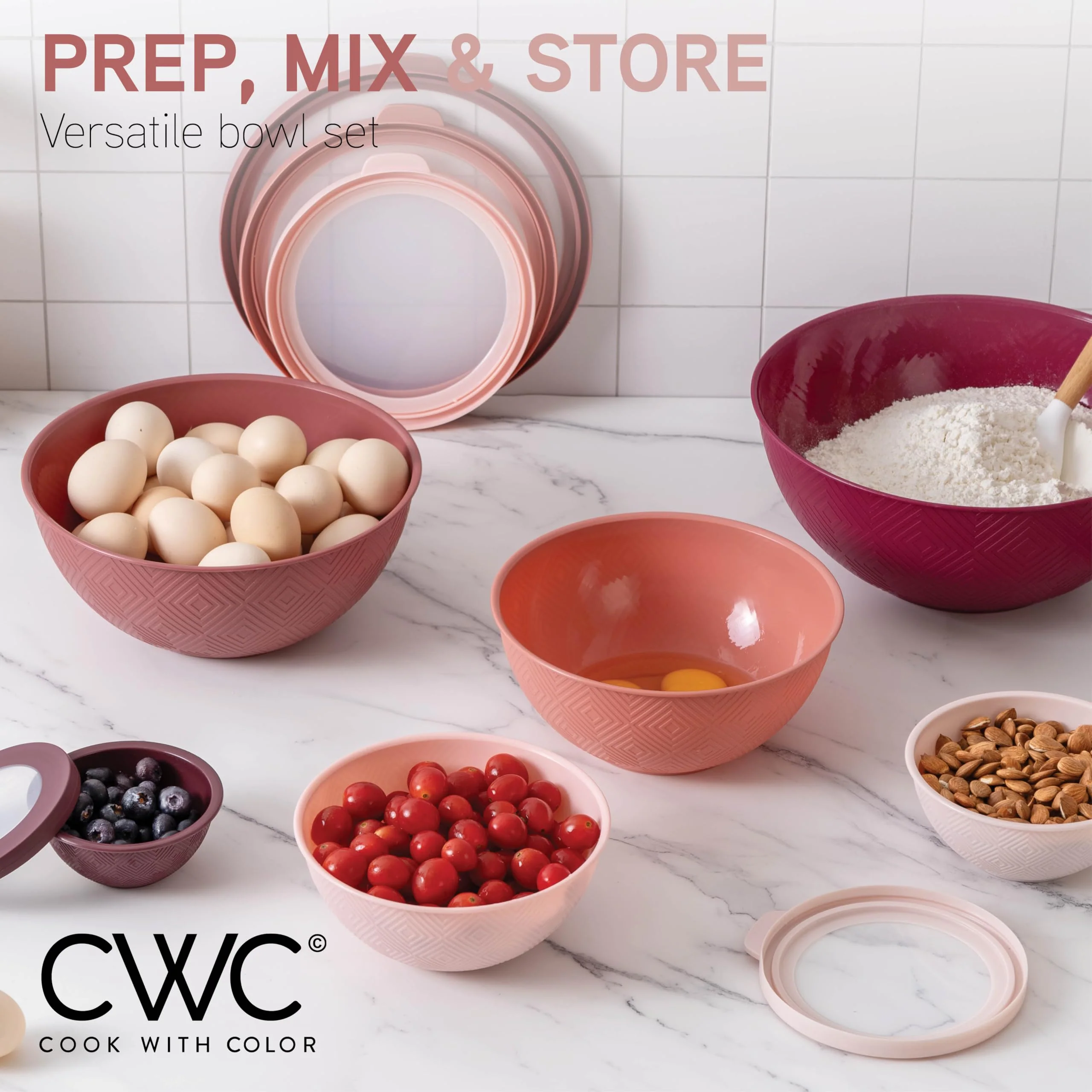 COOK WITH COLOR Mixing Bowls with Lids - 12 Piece Plastic Nesting Bowls Set includes 6 Prep Bowls and 6 Lids, Rhombus Design - Microwave Safe (Rose) - Image 5