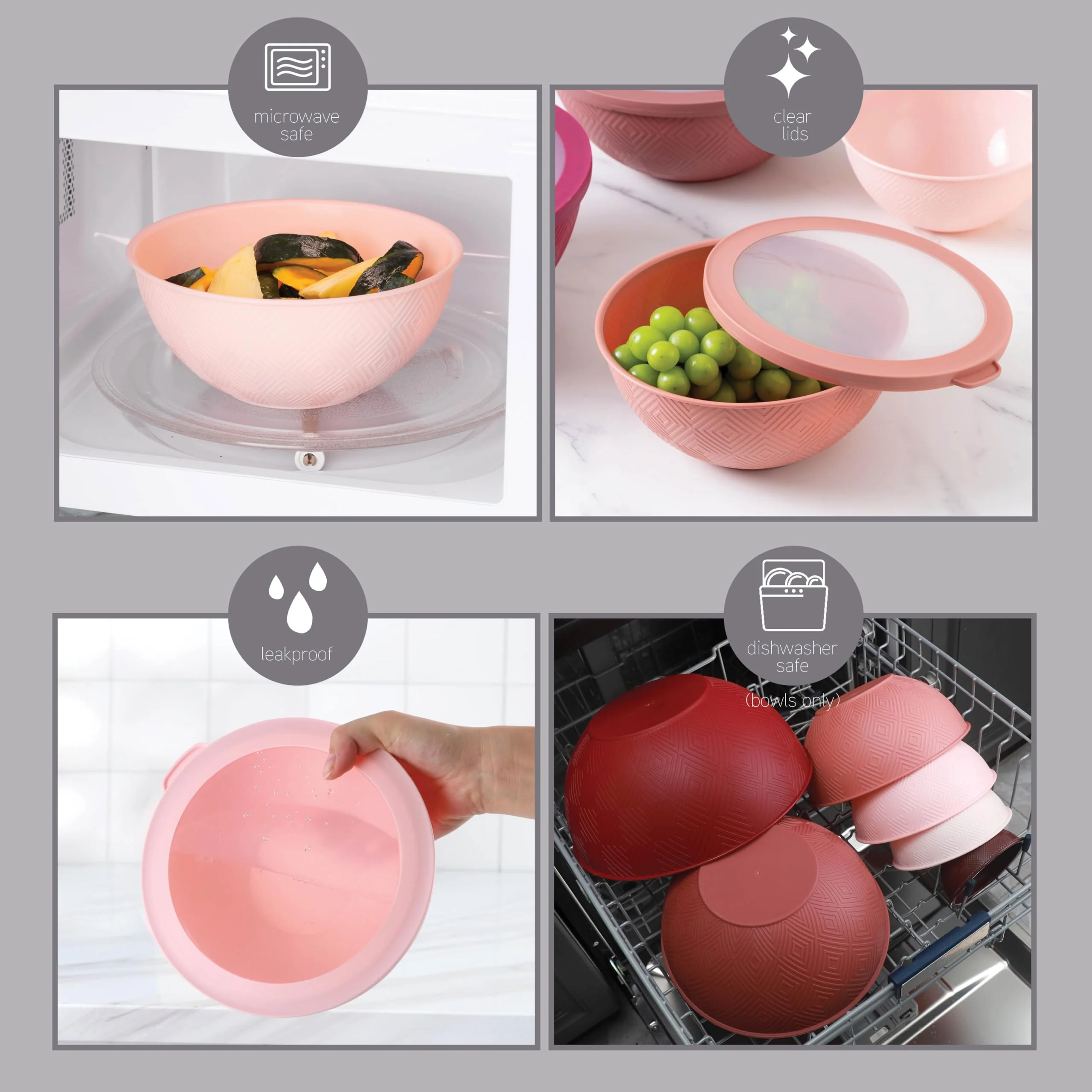 COOK WITH COLOR Mixing Bowls with Lids - 12 Piece Plastic Nesting Bowls Set includes 6 Prep Bowls and 6 Lids, Rhombus Design - Microwave Safe (Rose) - Image 6