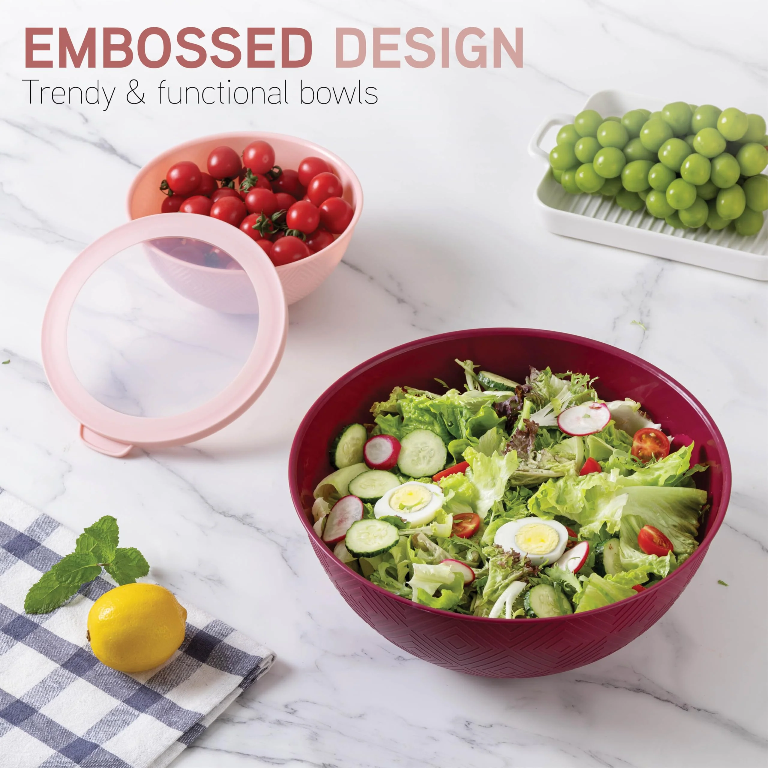 COOK WITH COLOR Mixing Bowls with Lids - 12 Piece Plastic Nesting Bowls Set includes 6 Prep Bowls and 6 Lids, Rhombus Design - Microwave Safe (Rose) - Image 8