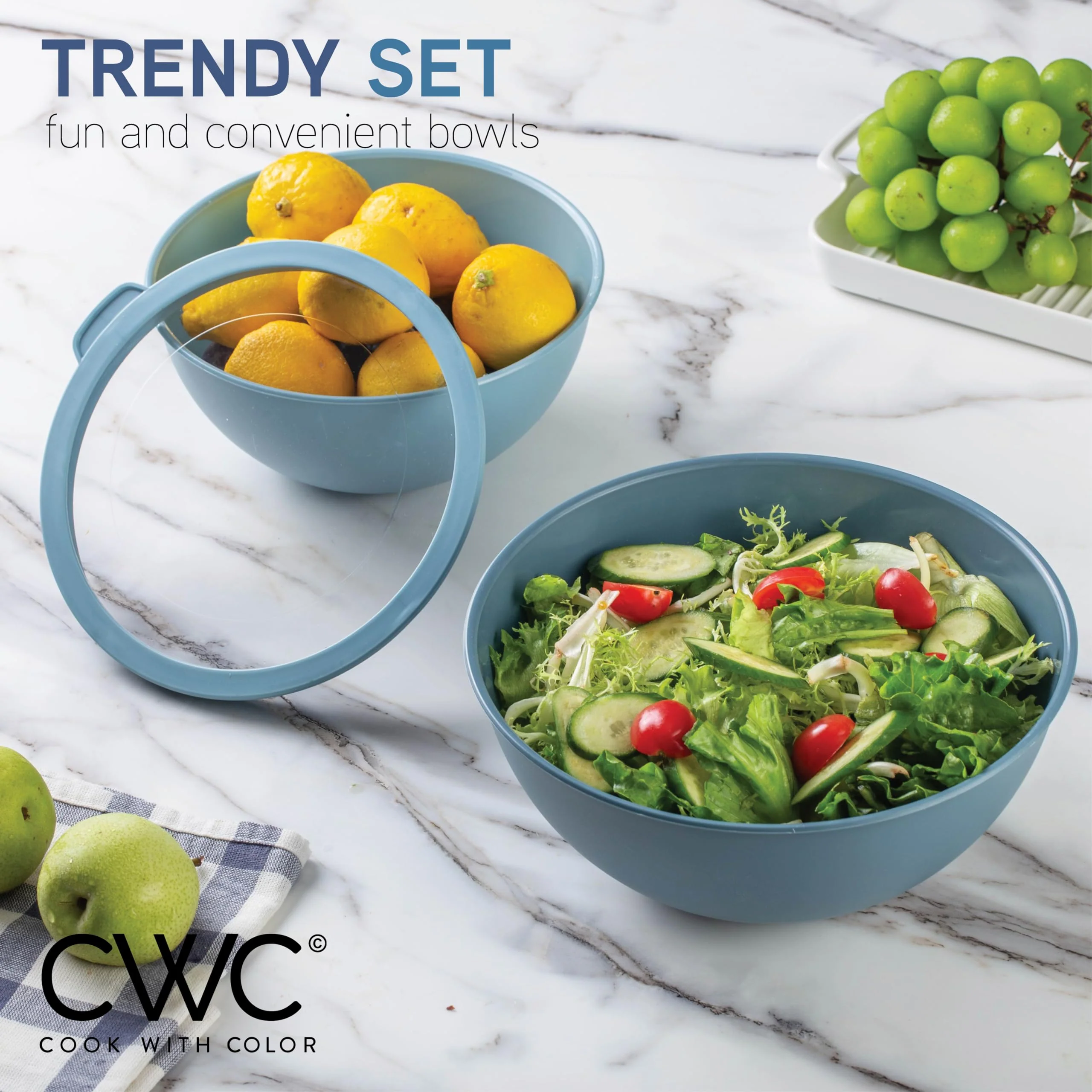 COOK WITH COLOR Mixing Bowls with Non Slip Bottom - 12 Piece Plastic Nesting Bowls Set includes 6 Prep Bowls and 6 Tritan Lids - Microwave Safe (Blue) - Image 4